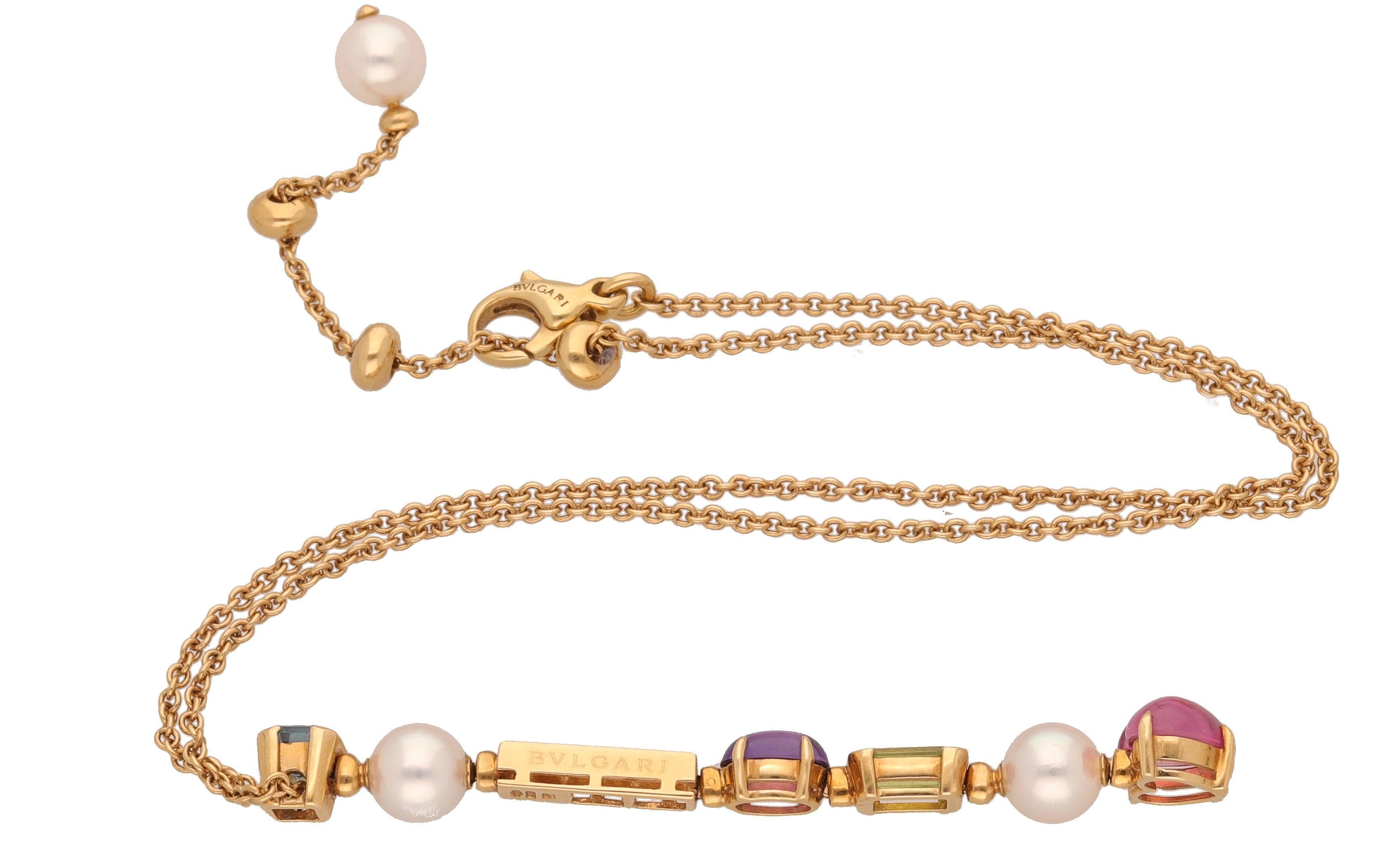 18 kt. yellow gold necklace with 0.40 carat of diamonds, multicolored and multi shape cut tourmalines and round Australian pearls ( mm. 0,70 )
This nice necklace is signed by Bulgari and it's from Allegra Collection.
You can adjust the size thanks