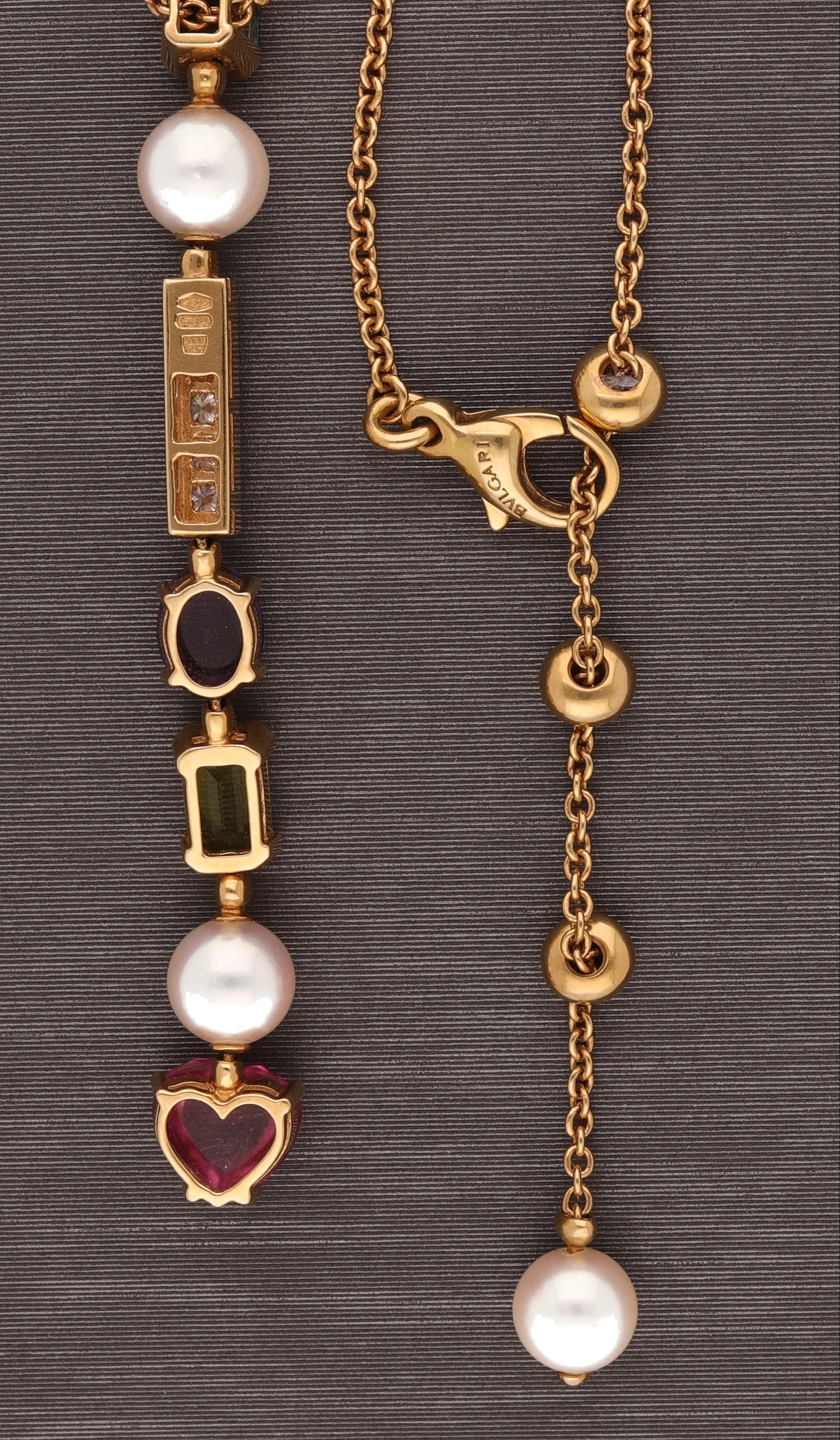 Mixed Cut 18 Karat Yellow Gold Diamond Tourmalines Pearls Allegra Bulgari Necklace