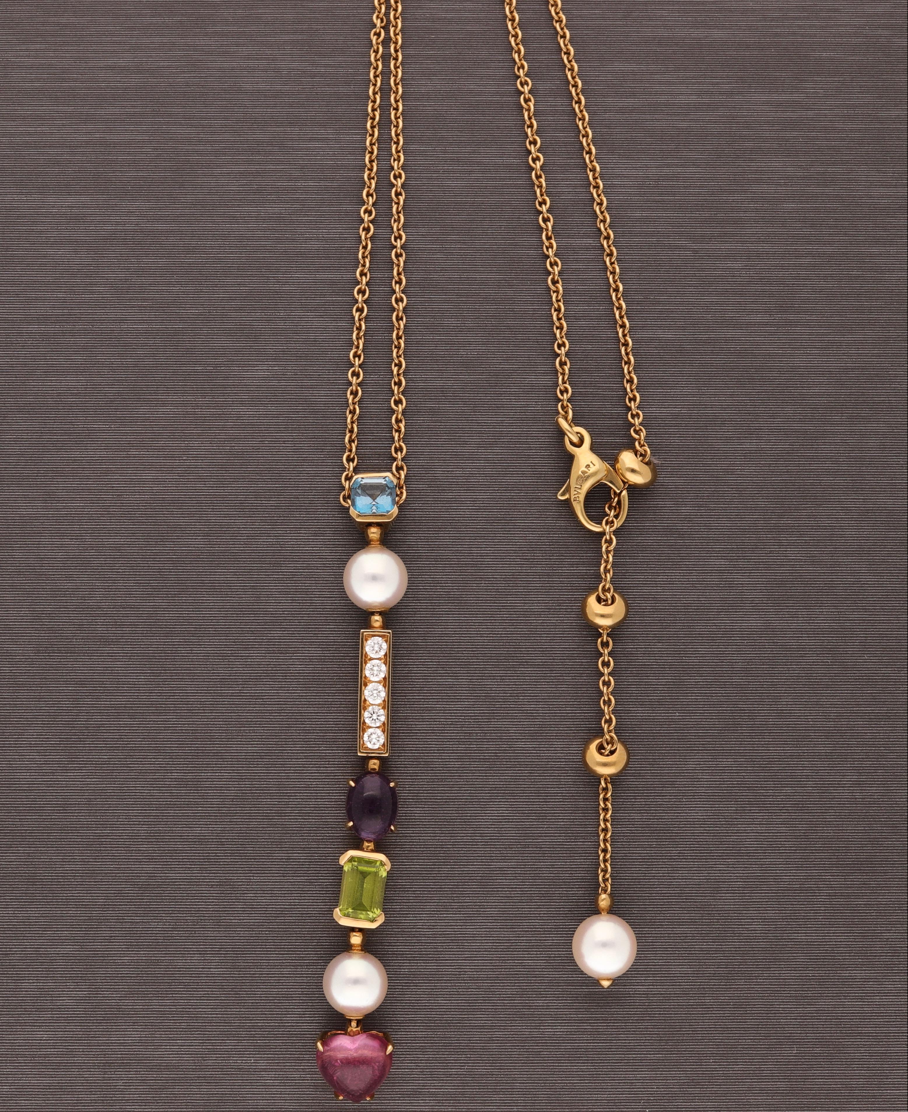 18 Karat Yellow Gold Diamond Tourmalines Pearls Allegra Bulgari Necklace In Excellent Condition In Rome, IT