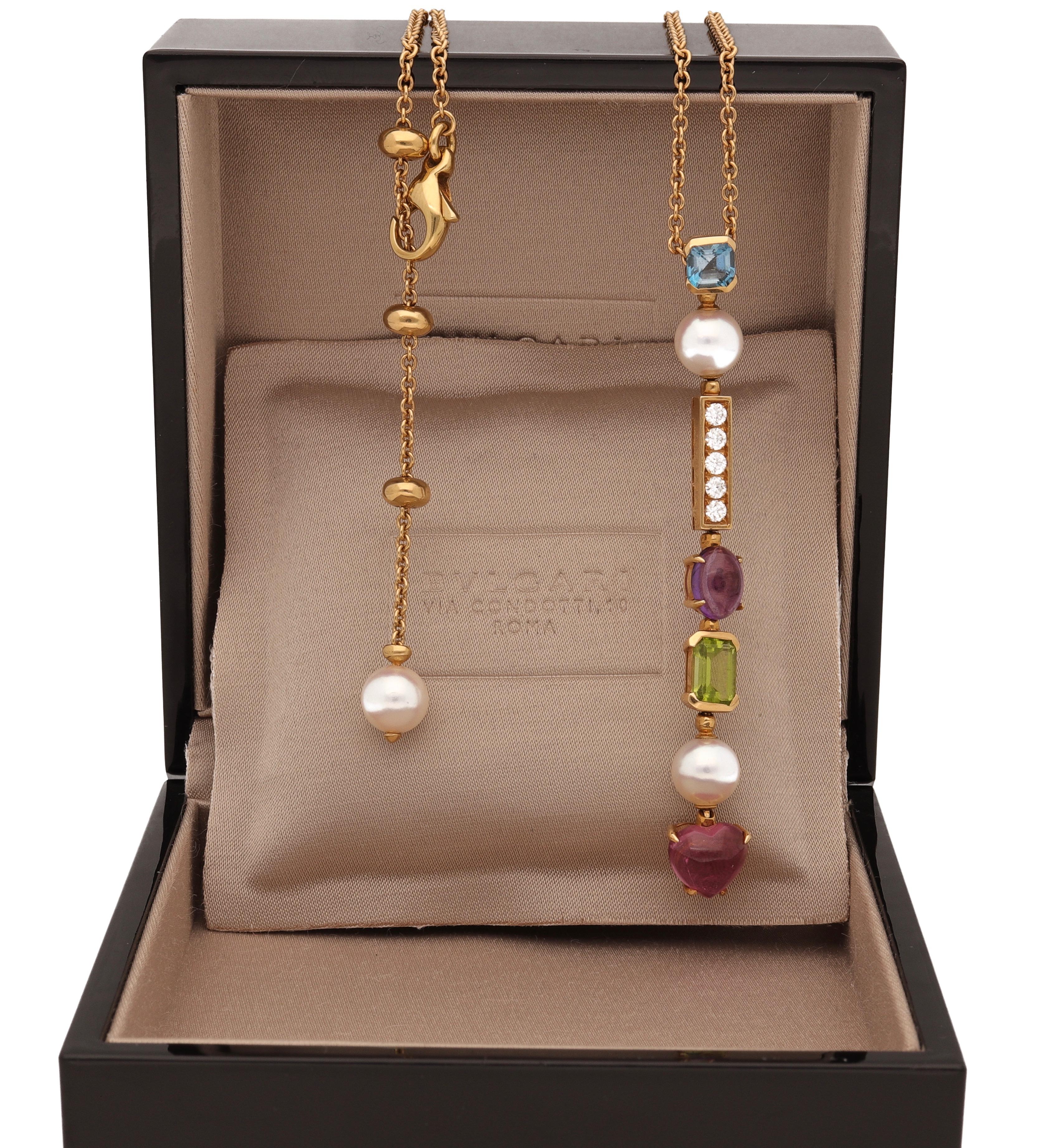 Women's 18 Karat Yellow Gold Diamond Tourmalines Pearls Allegra Bulgari Necklace