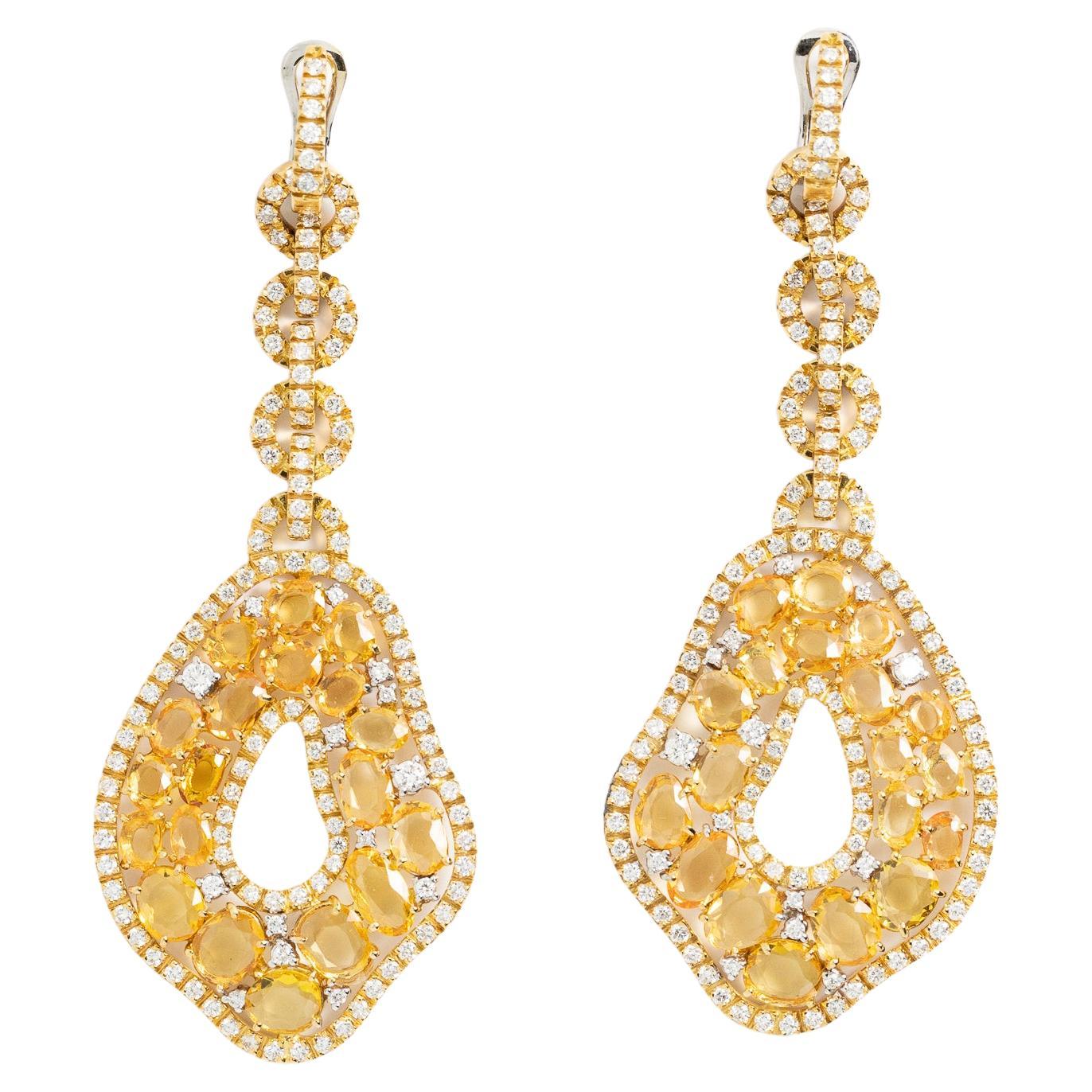 18 Kt. Yellow Gold Double Rose-Cut Yellow Sapphires Diamonds Earrings For Sale