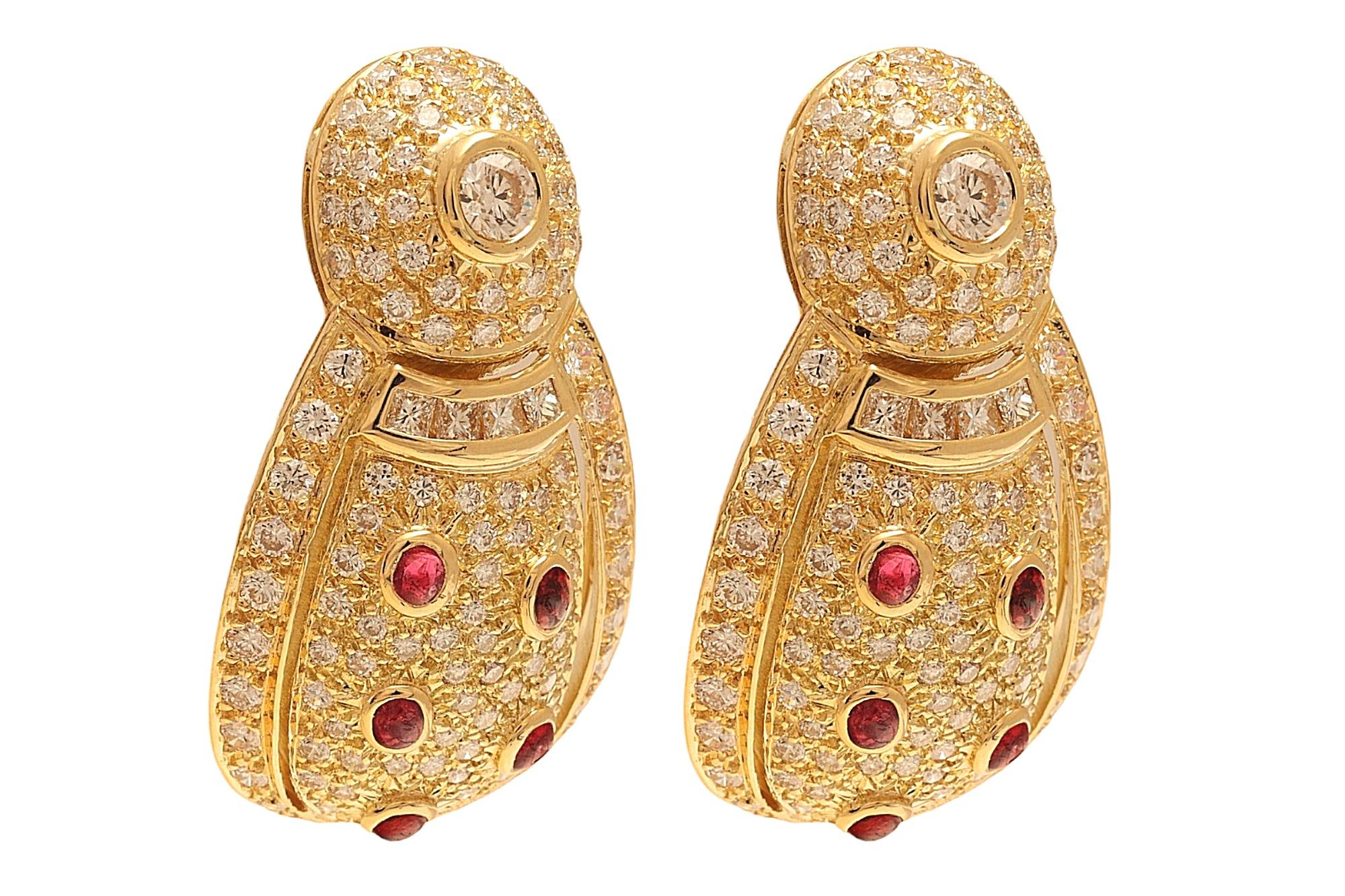 Artisan 18 kt. Yellow Gold Earrings, Possibly Depicting a Lady Bird with Diamonds & Ruby For Sale