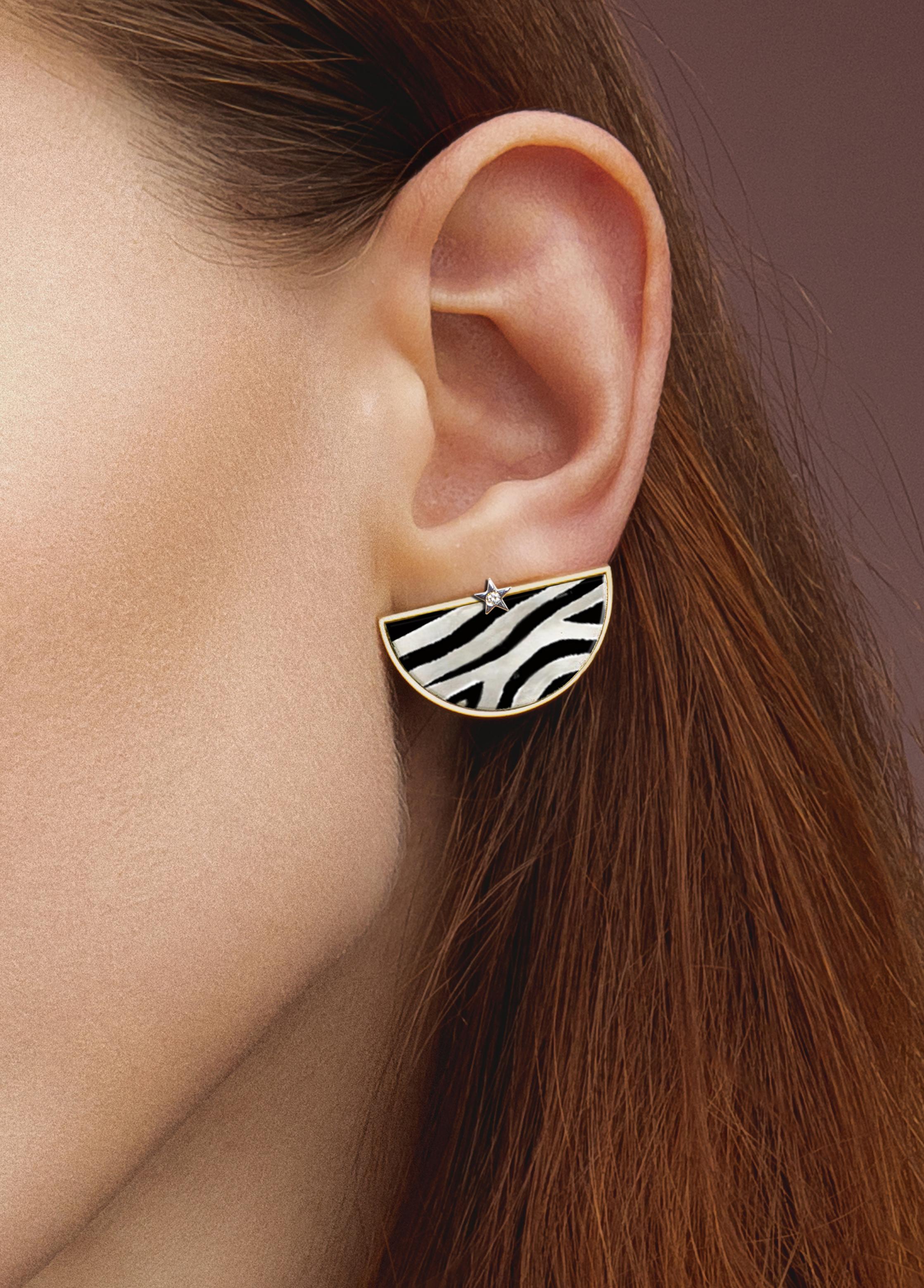 18 kt yellow gold Half moon Earrings , white gold stars with diamonds, Hand Painted and Laquered Stone, Zebra style