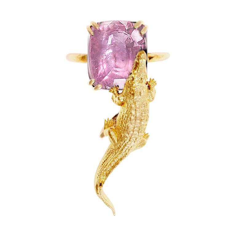 Yellow Gold Engagement Ring with AIG Certified Padparadscha Pink Sapphire For Sale