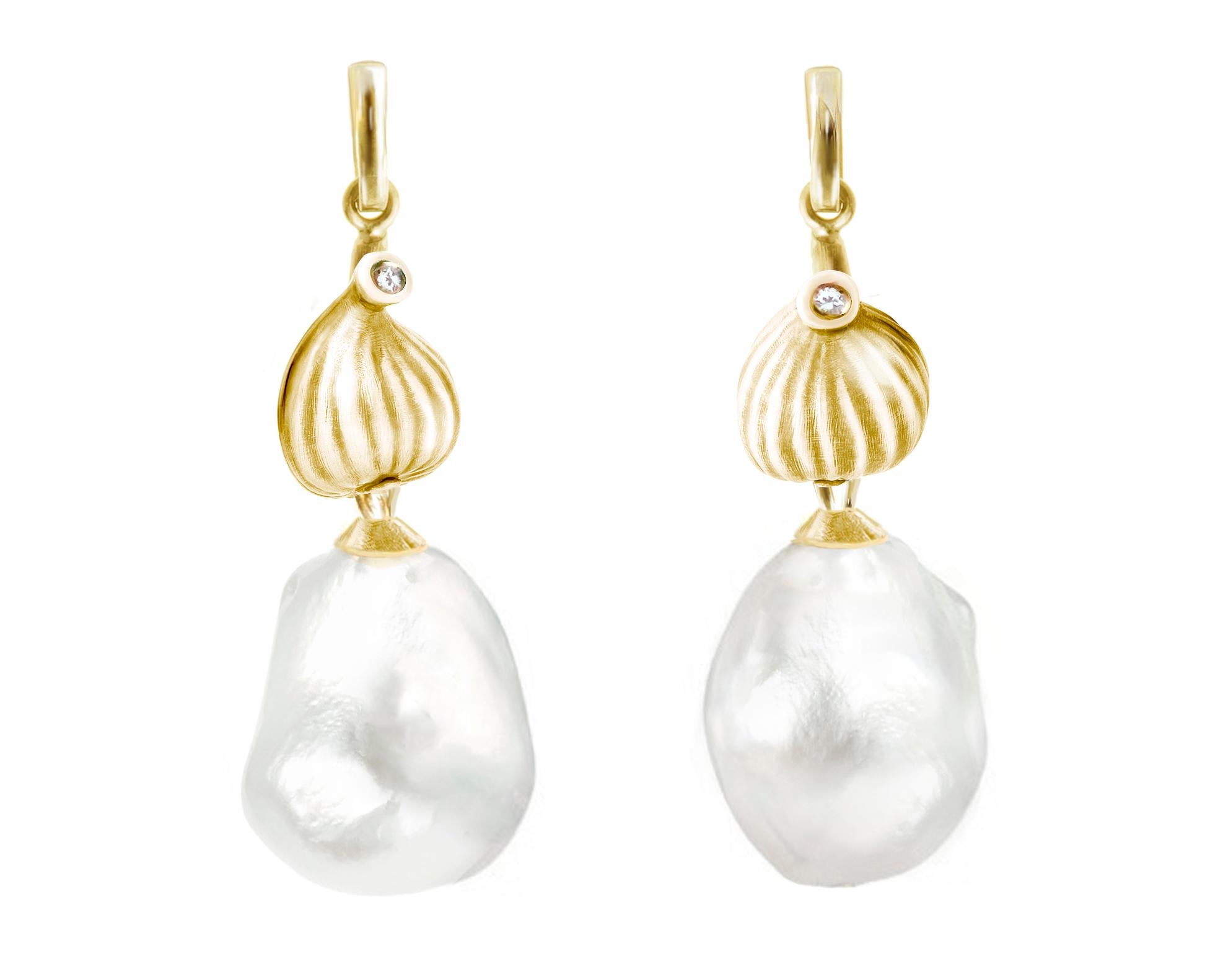 Women's Eighteen Karat Yellow Gold Fig Drop Earrings with Pearls and Diamonds For Sale