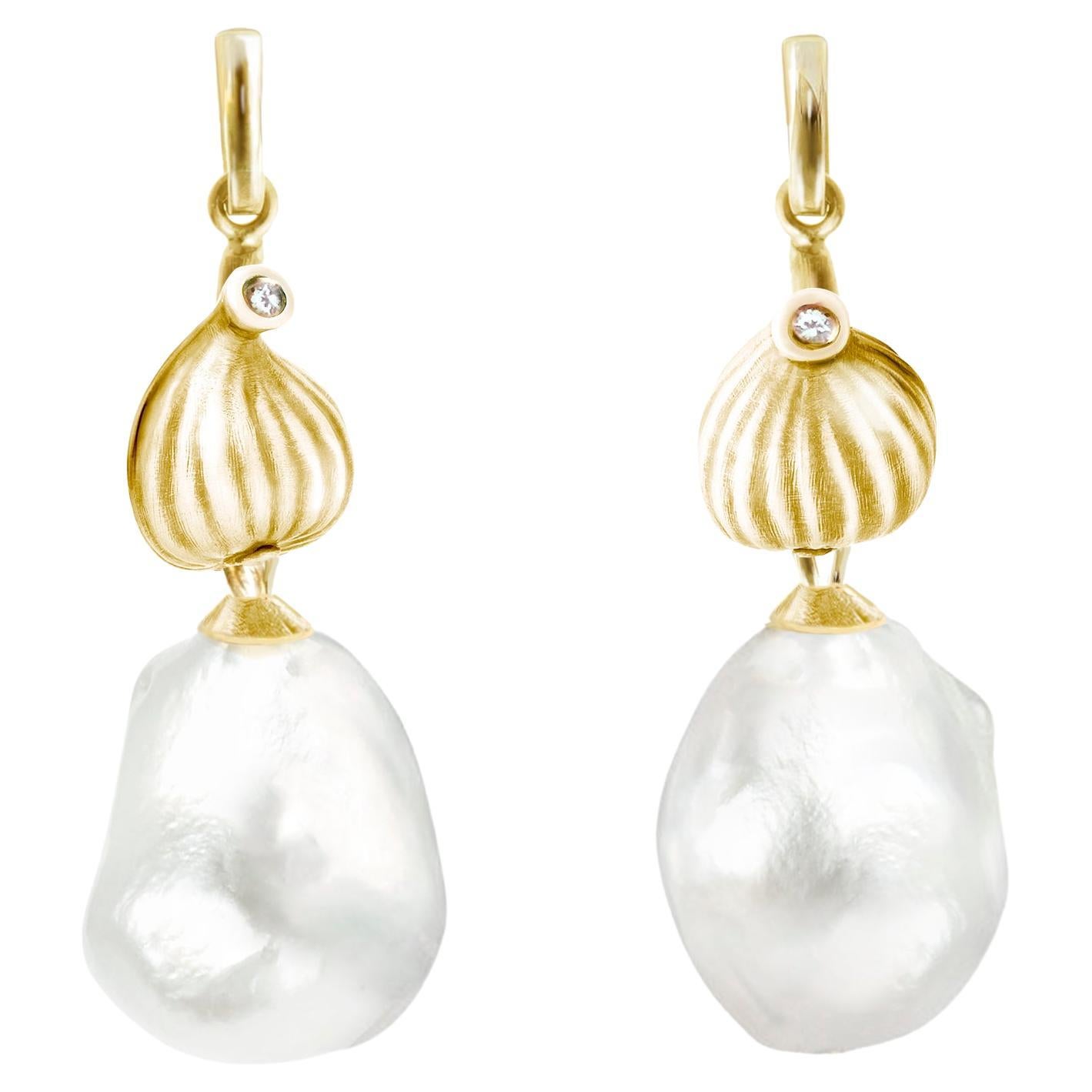 Eighteen Karat Yellow Gold Fig Drop Earrings with Pearls and Diamonds For Sale