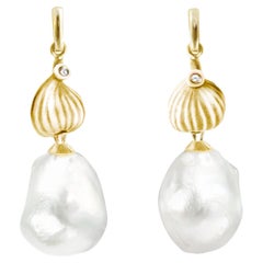 Eighteen Karat Yellow Gold Fig Drop Earrings with Pearls and Diamonds