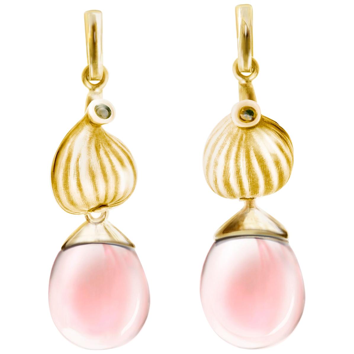 18 Karat Yellow Gold Fig Cocktail Earrings with Rose Quartzes