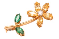 18 kt. Yellow Gold Flower Stem and Leaf Brooch with Emerald, Sapphire, Diamond