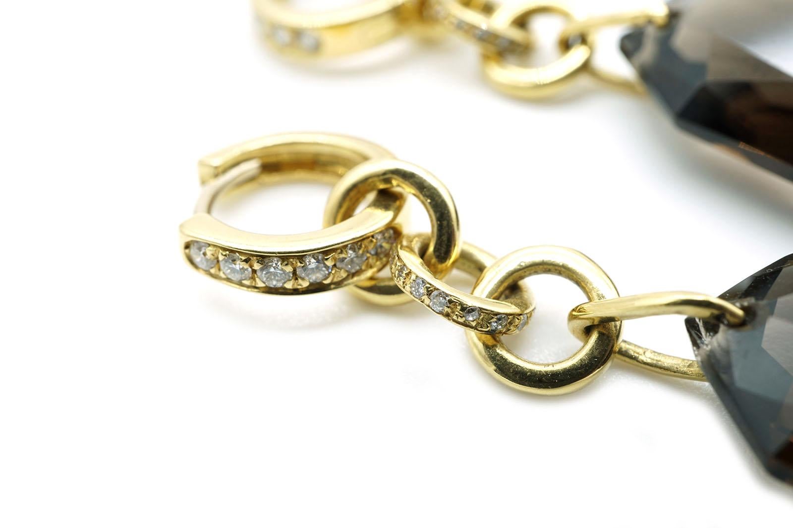 Women's 18 Kt Yellow Gold Fume Quartz and Diamonds Chandelier Earrings