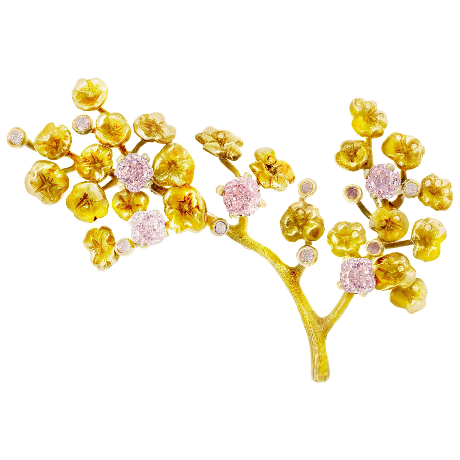 Yellow Gold GIA Certified Purplish Pink Diamonds Brooch For Sale