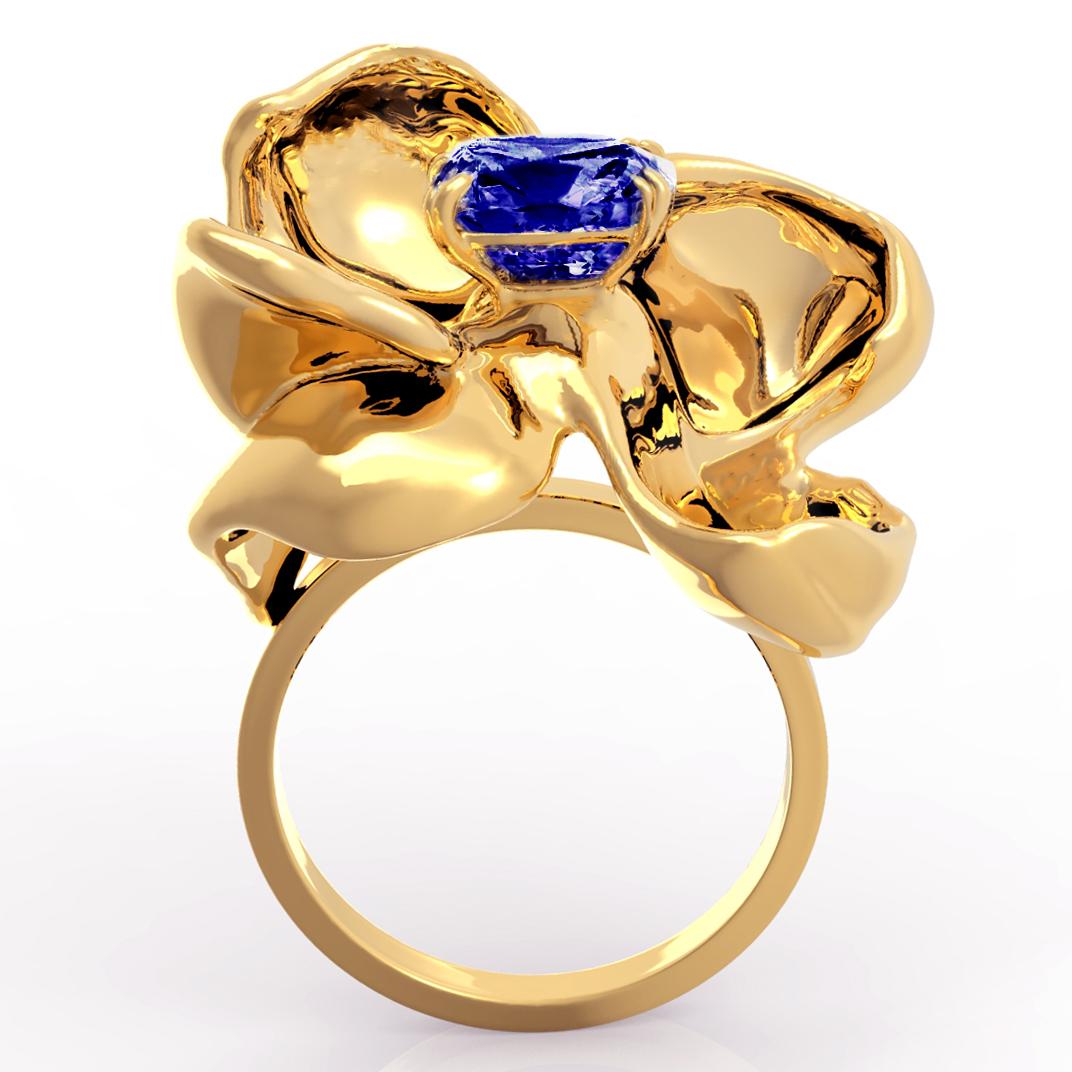 Yellow Gold GRS Certified No Heat Royal Blue Sapphire Contemporary Ring For Sale 3
