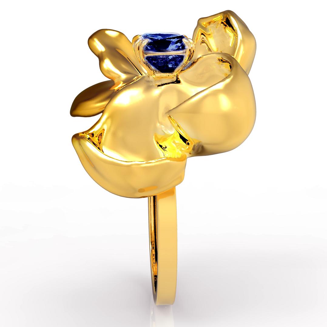 Yellow Gold GRS Certified No Heat Royal Blue Sapphire Contemporary Ring For Sale 2
