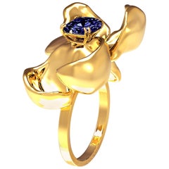 Bague contemporaine en or jaune avec saphir bleu royal certifié GRS sans chaleur