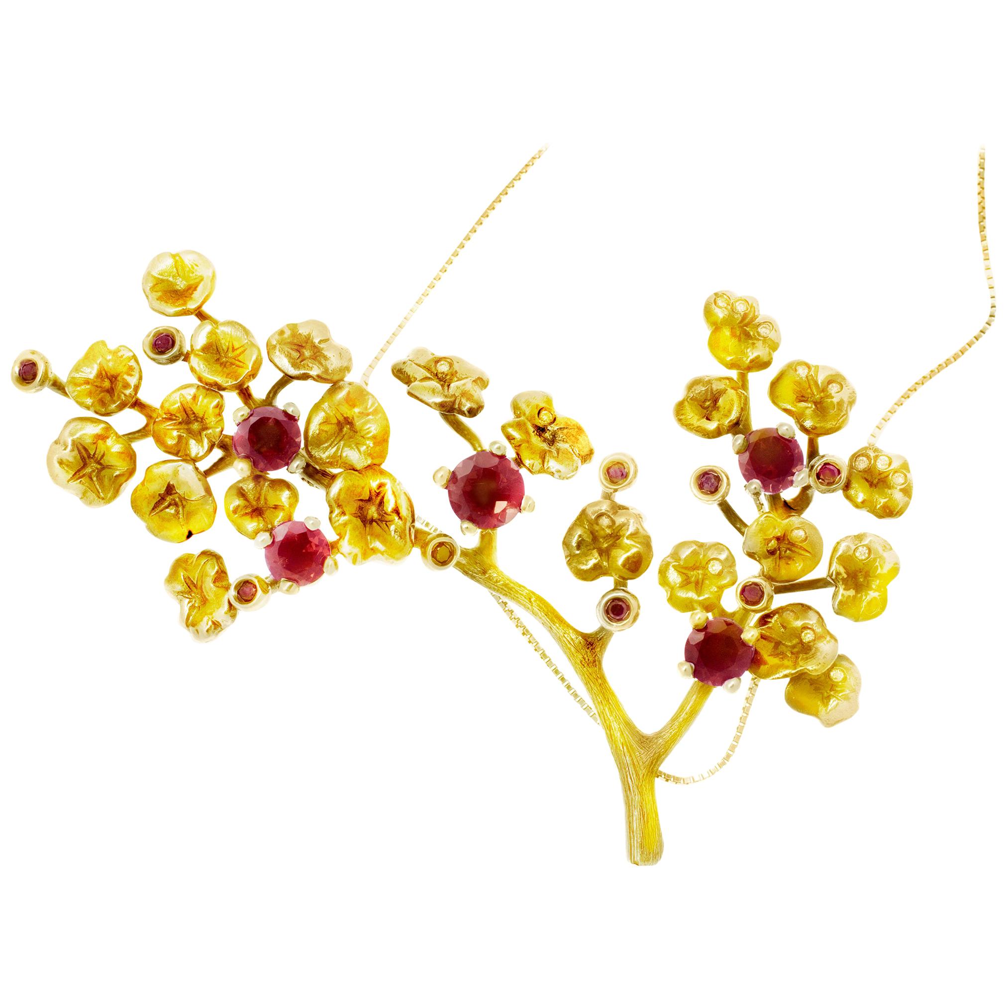 Eighteen Karat Gold Heliotrope Necklace with Rubies and Diamonds For Sale