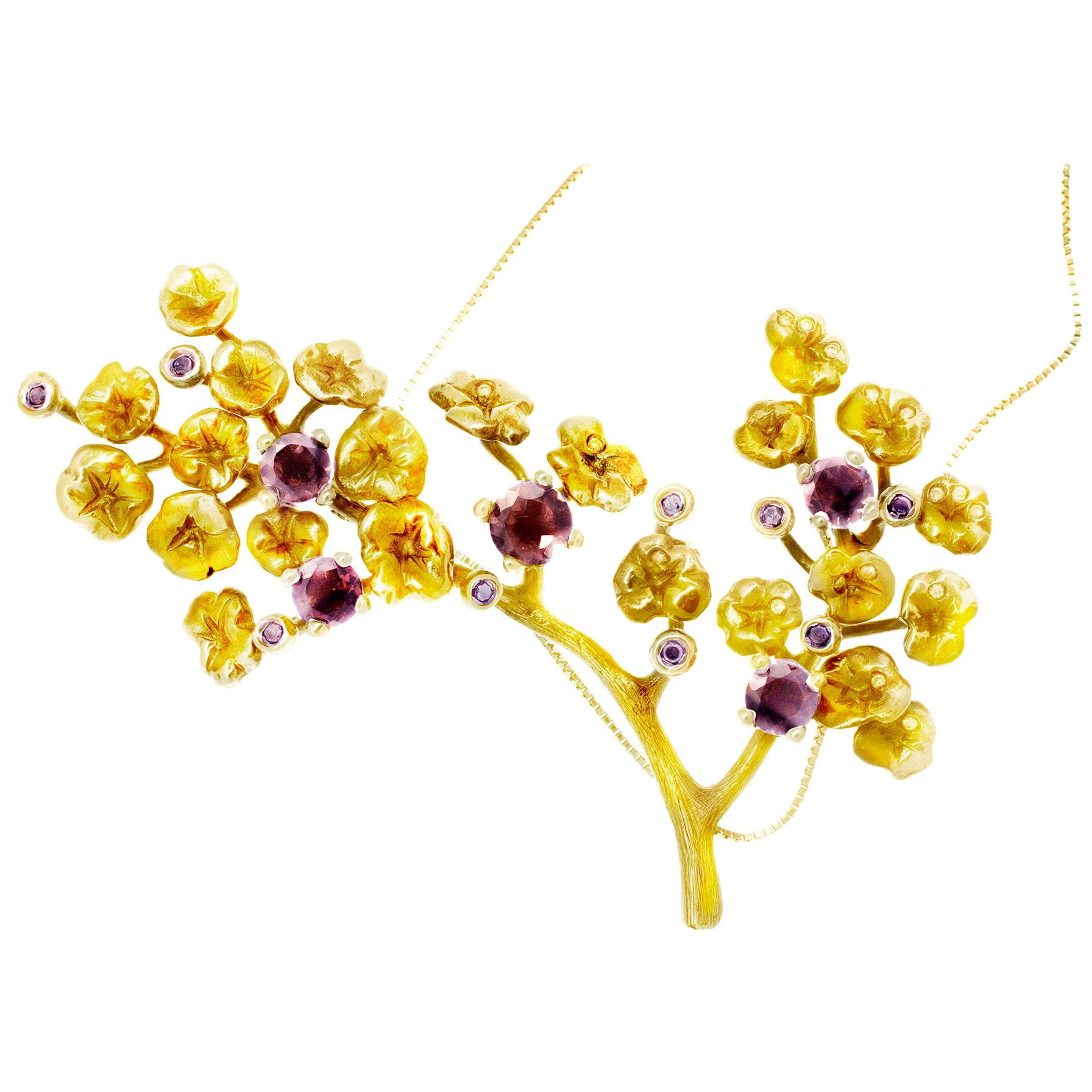 Collier pendentif contemporain en or jaune 18 carats avec spinelles et diamants