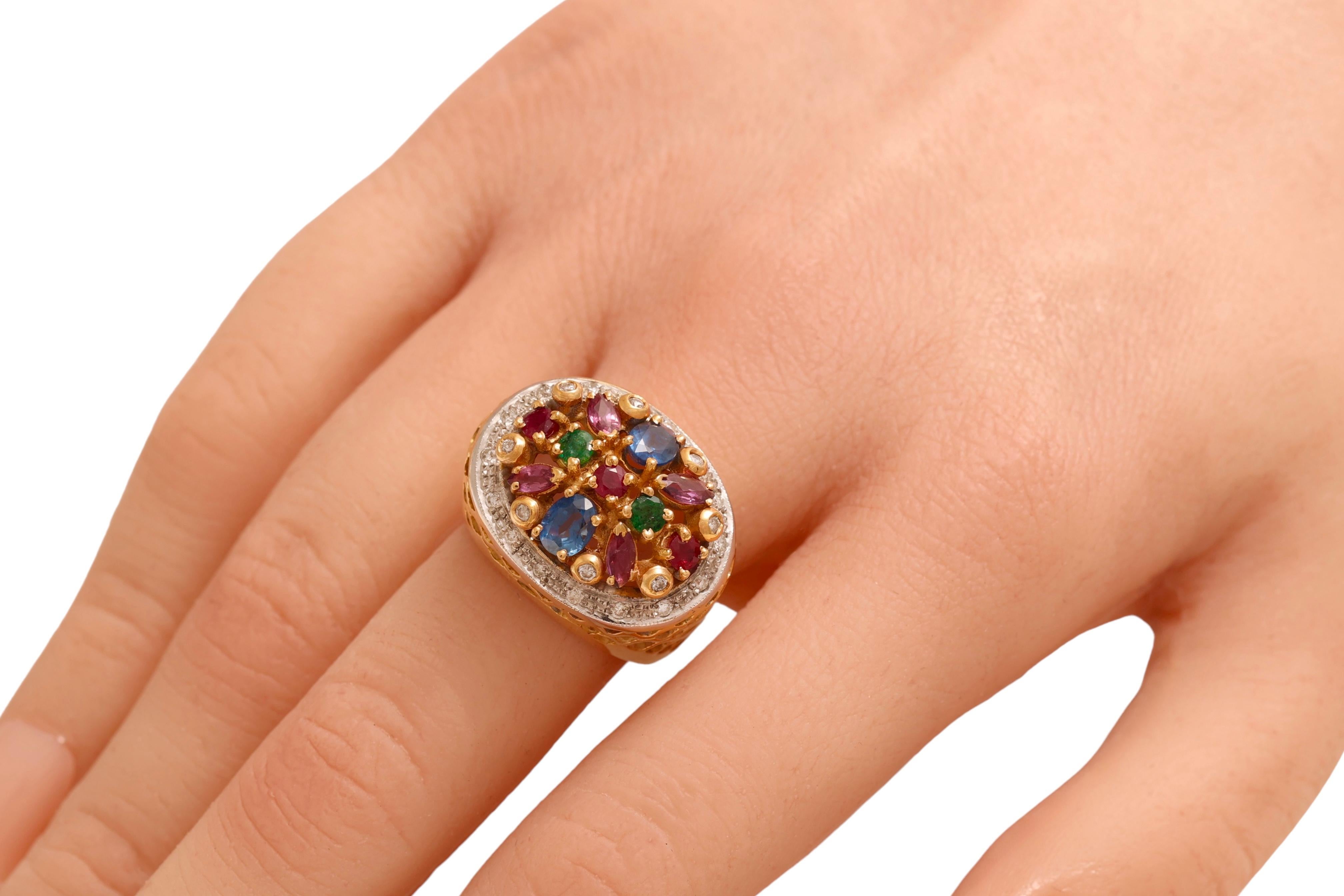 Bague Jardinière en or jaune 18 Kt Diamants et pierres de couleur en vente 5