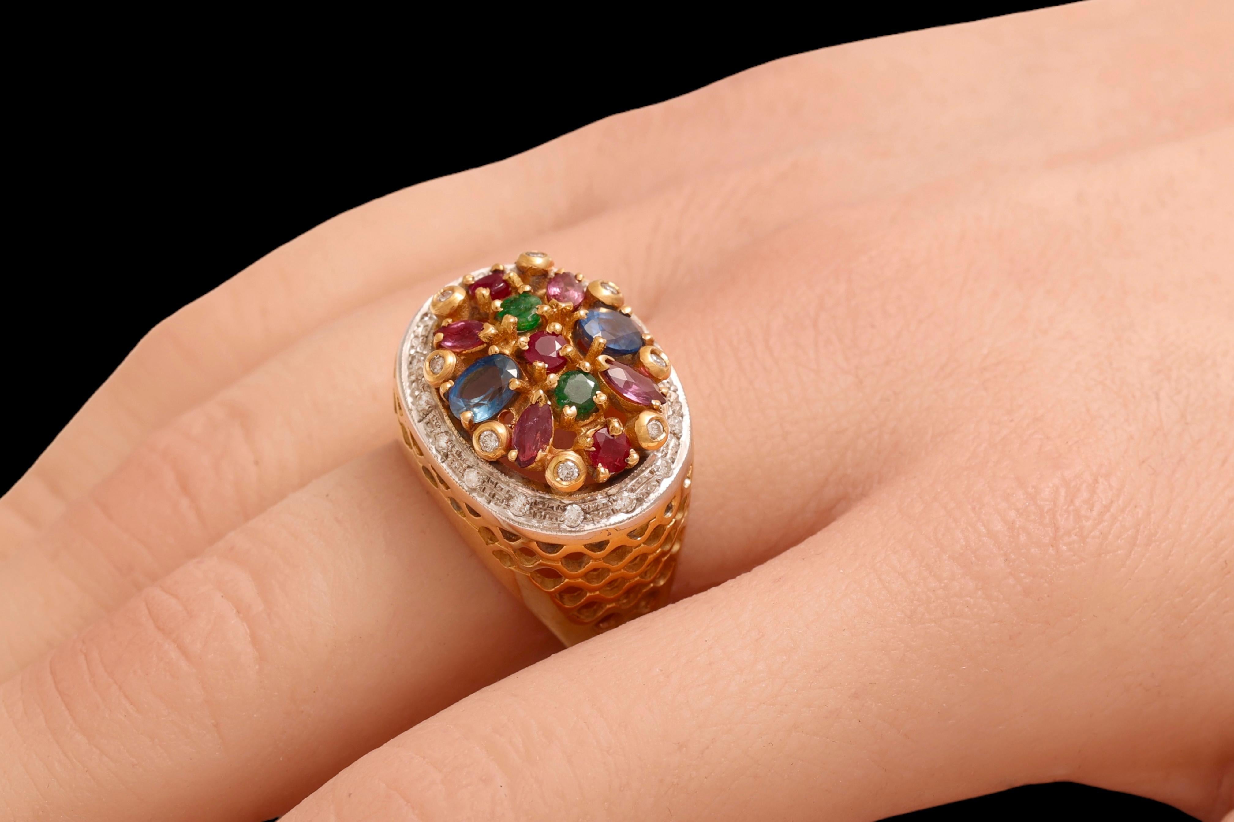 Bague Jardinière en or jaune 18 Kt Diamants et pierres de couleur en vente 6