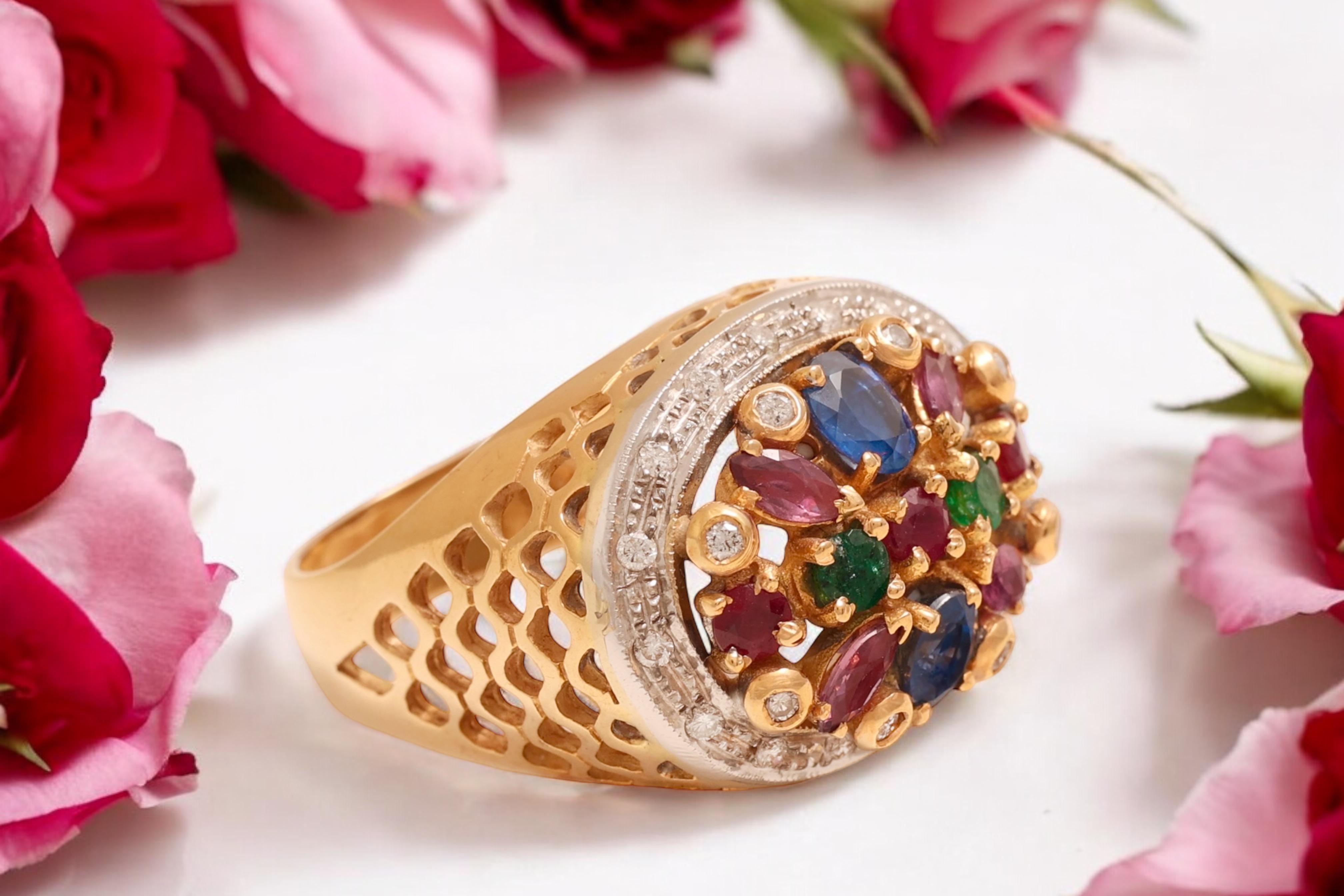 Bague Jardinière en or jaune 18 Kt Diamants et pierres de couleur en vente 7