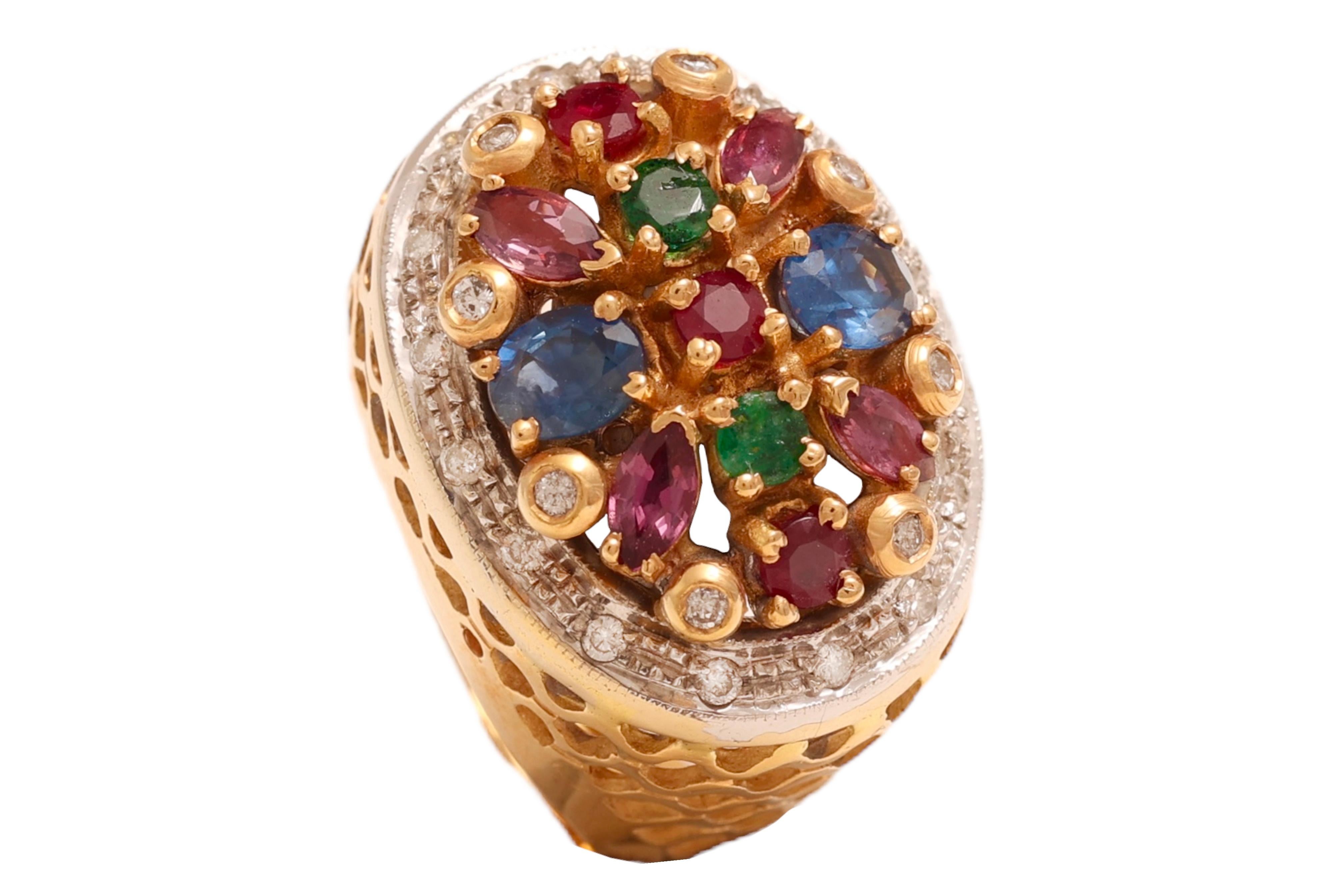 Taille brillant Bague Jardinière en or jaune 18 Kt Diamants et pierres de couleur en vente