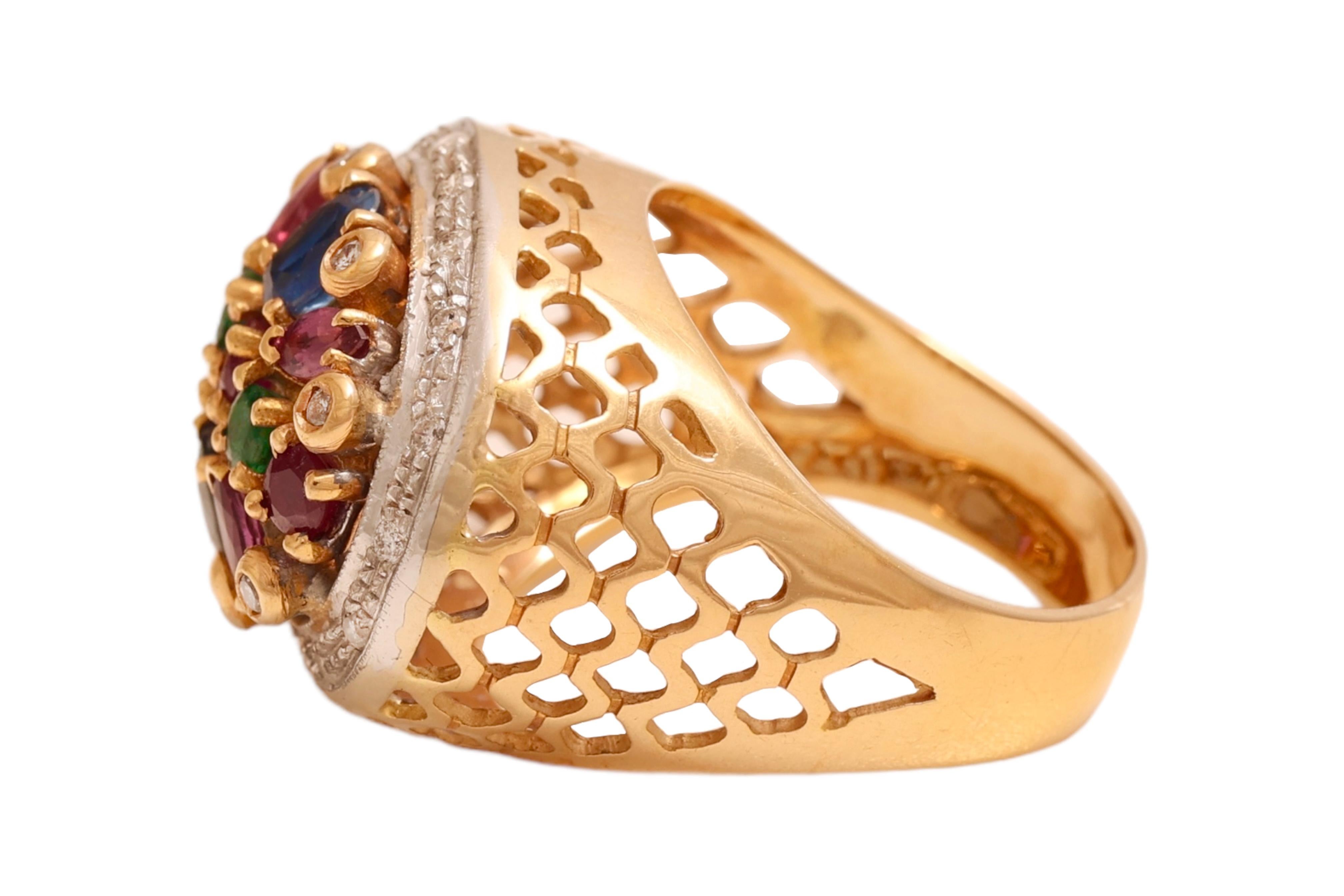 Bague Jardinière en or jaune 18 Kt Diamants et pierres de couleur Excellent état - En vente à Antwerp, BE