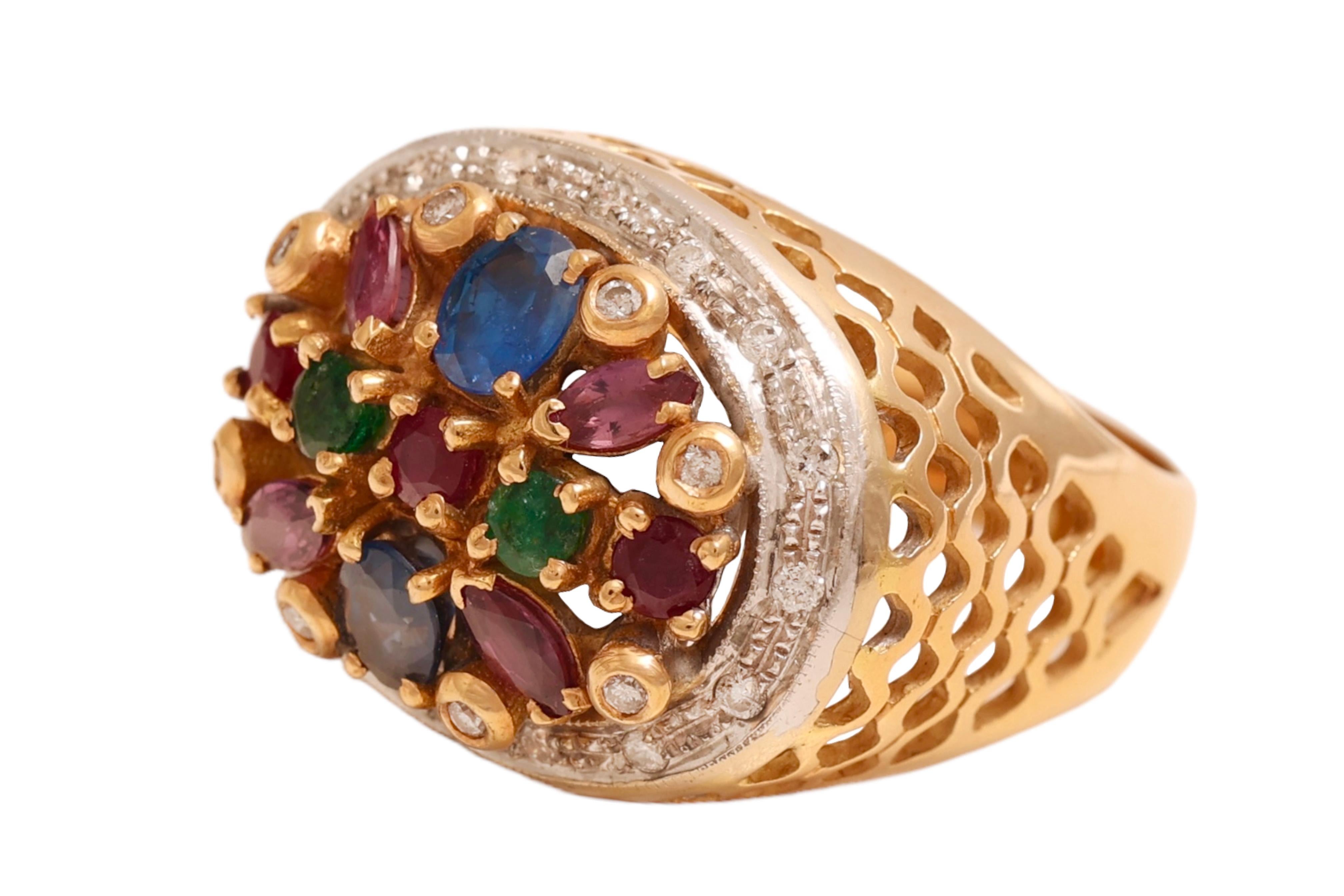 Bague Jardinière en or jaune 18 Kt Diamants et pierres de couleur Unisexe en vente