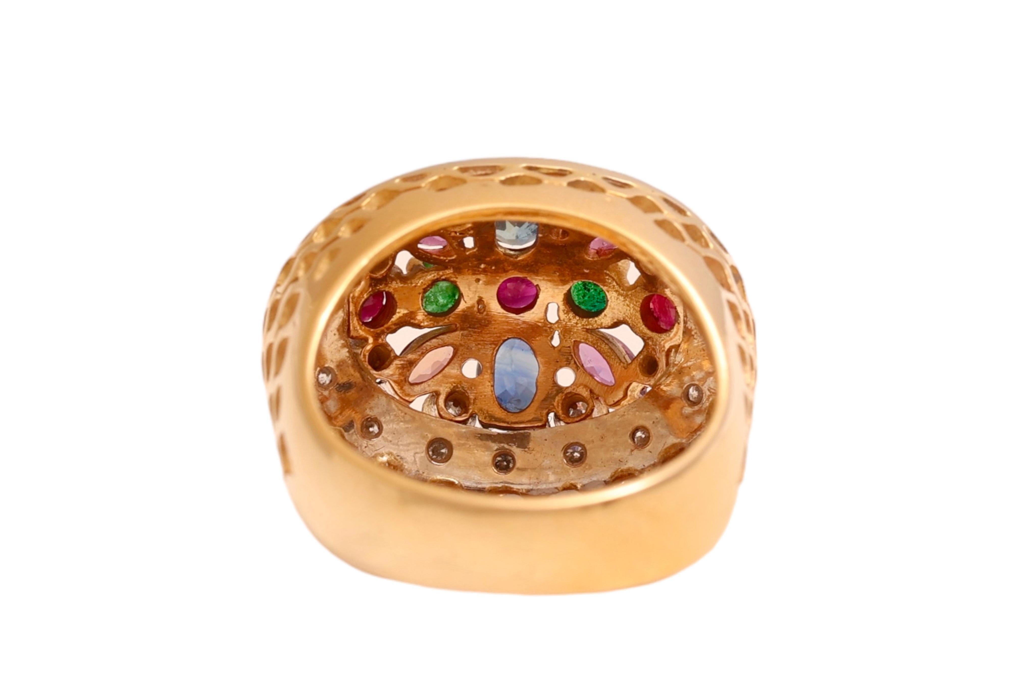 Bague Jardinière en or jaune 18 Kt Diamants et pierres de couleur en vente 1