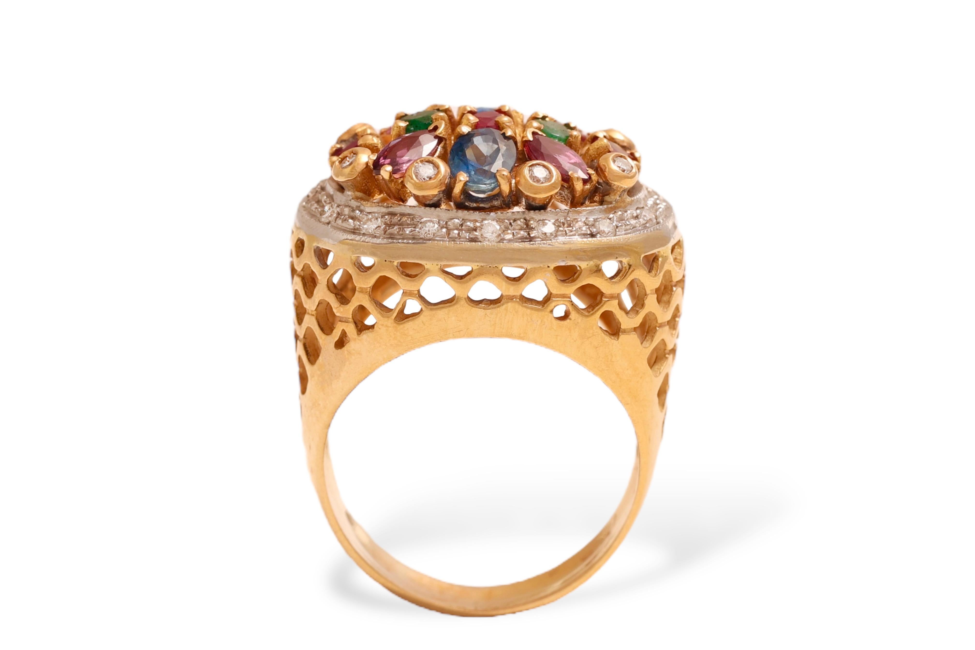 Bague Jardinière en or jaune 18 Kt Diamants et pierres de couleur en vente 2