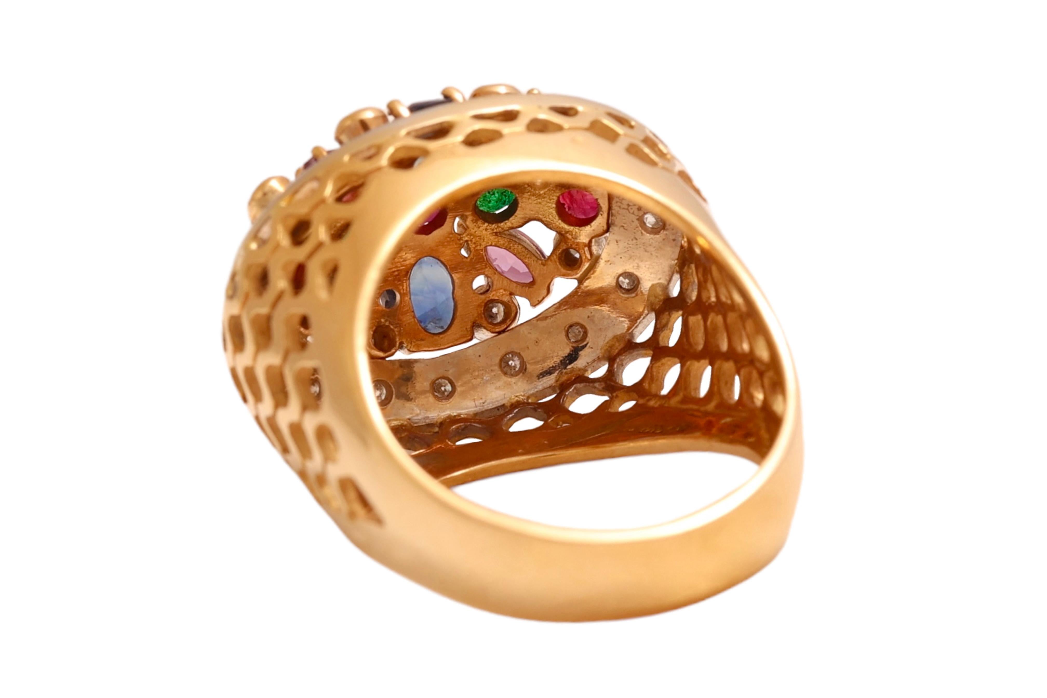 Bague Jardinière en or jaune 18 Kt Diamants et pierres de couleur en vente 3