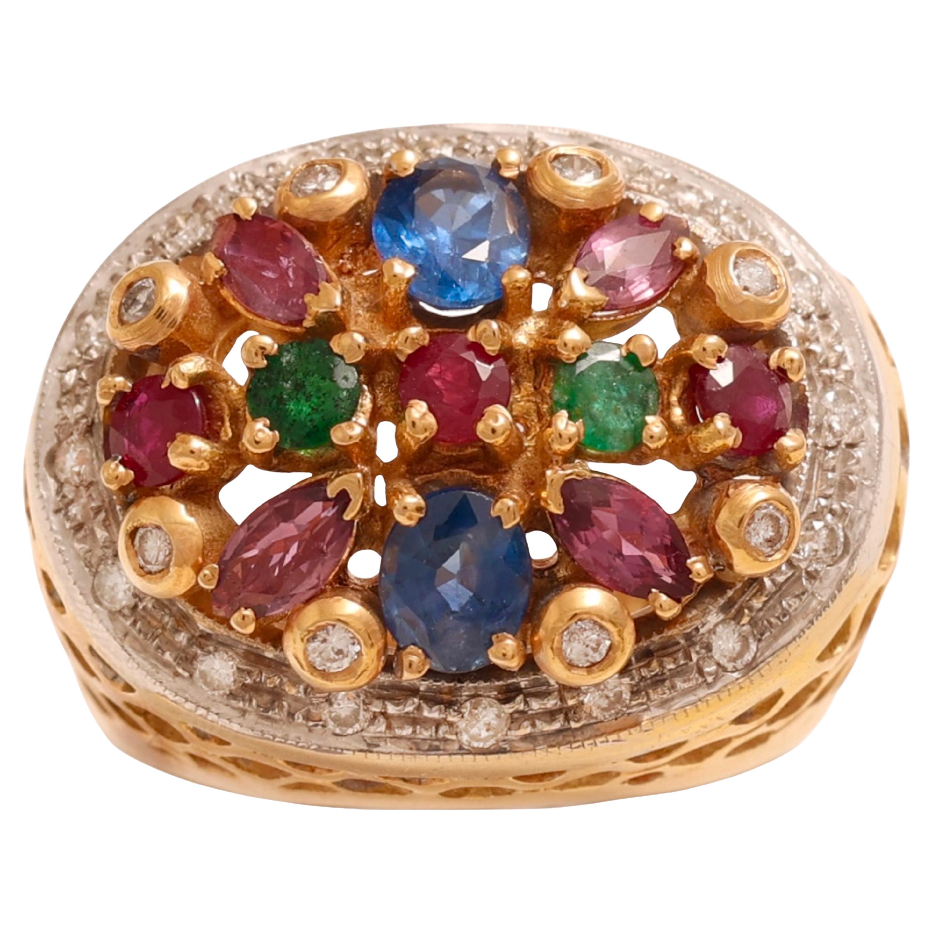 Anello Jardinière in oro giallo 18 Kt con diamanti e pietre colorate