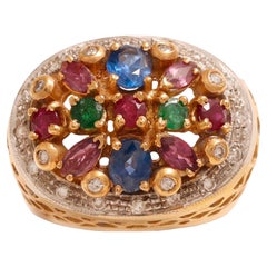 Anillo Jardinière de Oro Amarillo de 18 Kt Diamantes y Piedras de Color
