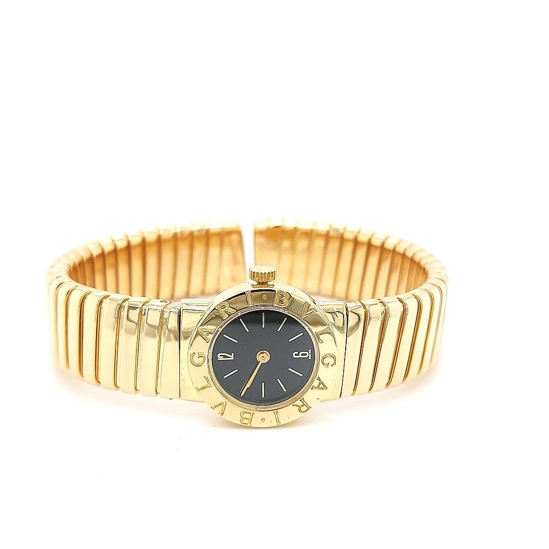 18 Karat Gelbgold Damen Bvlgari Tubogas Armbanduhr mit schwarzem Zifferblatt im Angebot 5
