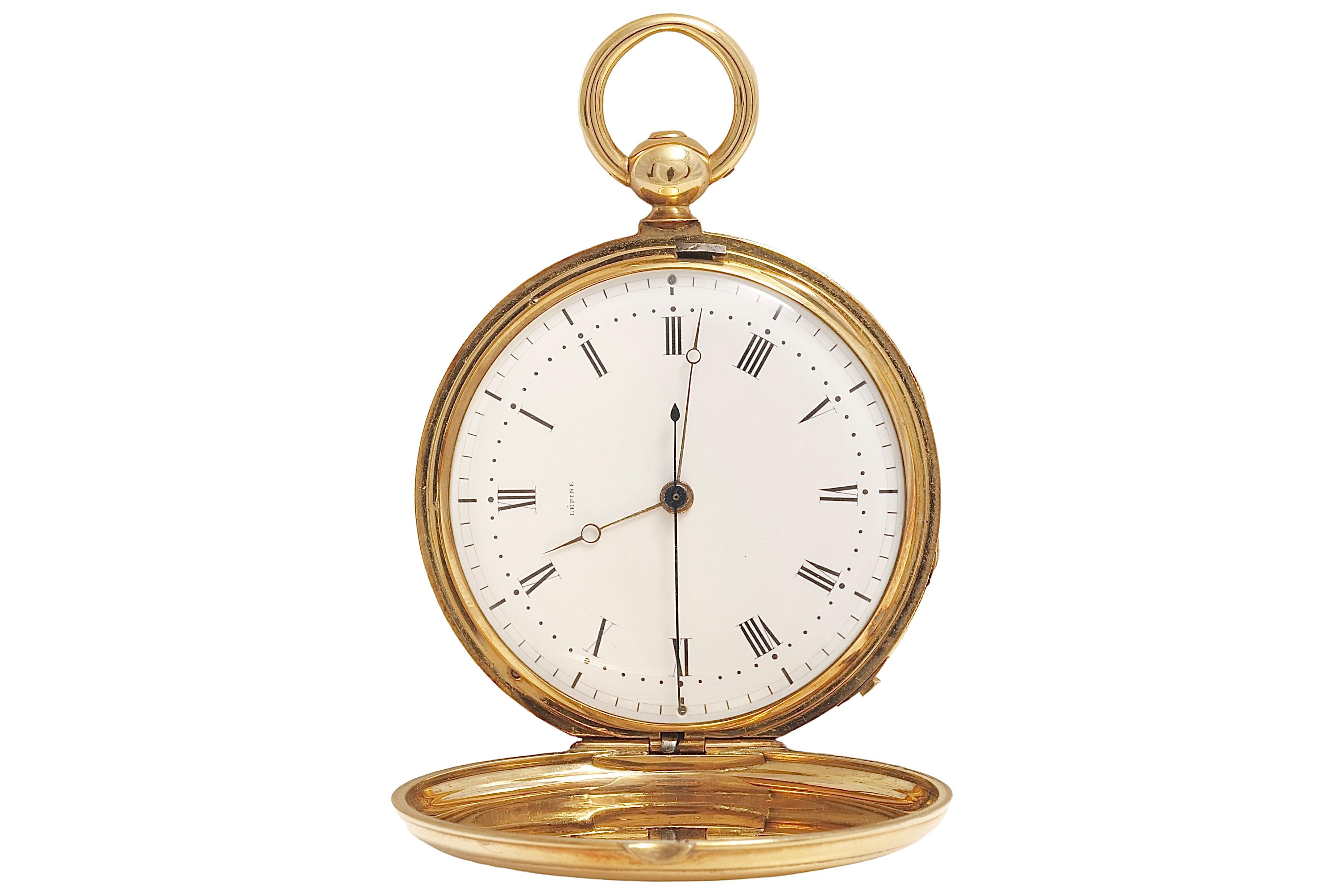 18 Kt Solid Yellow Gold Lépine pocket watch Second Morte & Double Winding Barrel, Chronograph in Amazing Collectors Condition

Function : Seconde Morte with Stop function which was used as chronograph seconds counter

Movement : Mechanical Manual