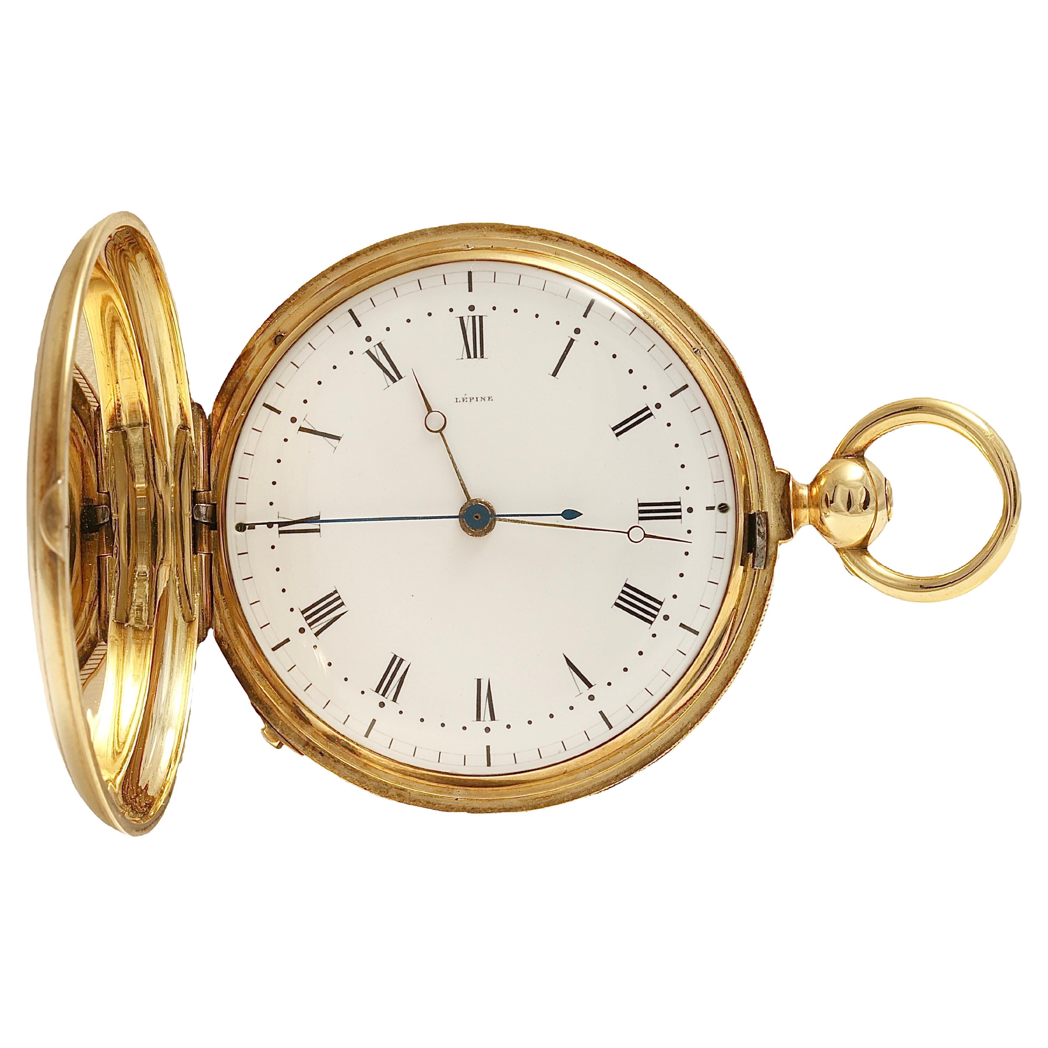 18 Kt Yellow Gold Lepine Pocket Watch, Second Morte, Double Barrel, Collector