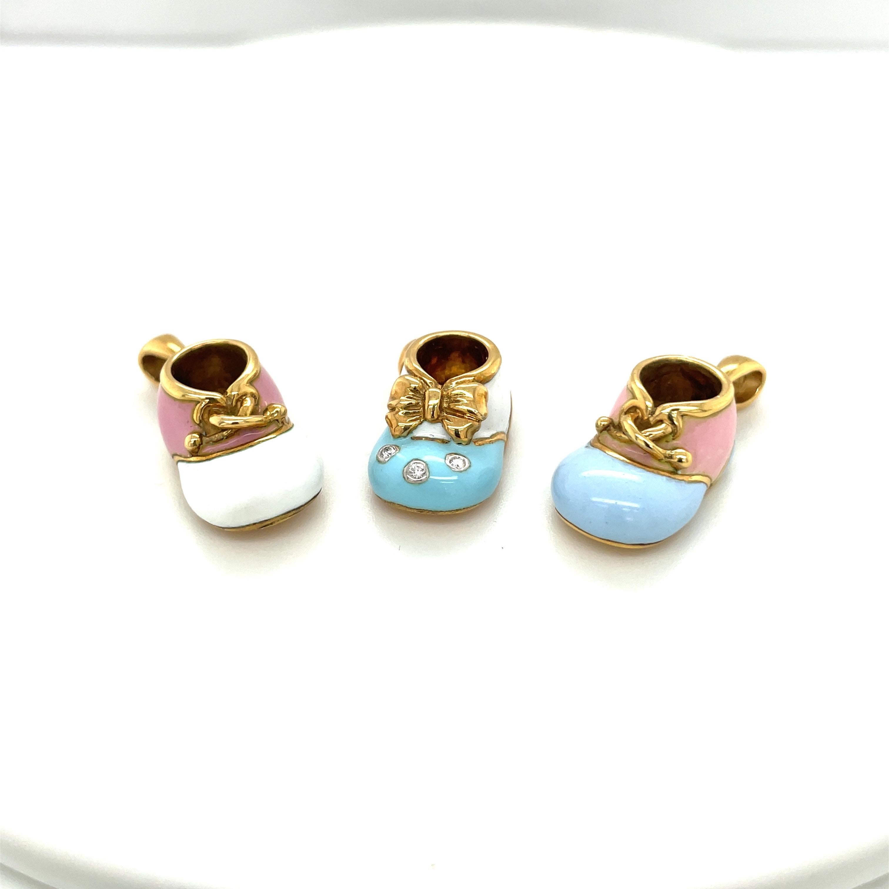 Modern 18 KT Yellow Gold Light Blue & White Enamel Baby Shoe Diamond .04ct. and Bow For Sale