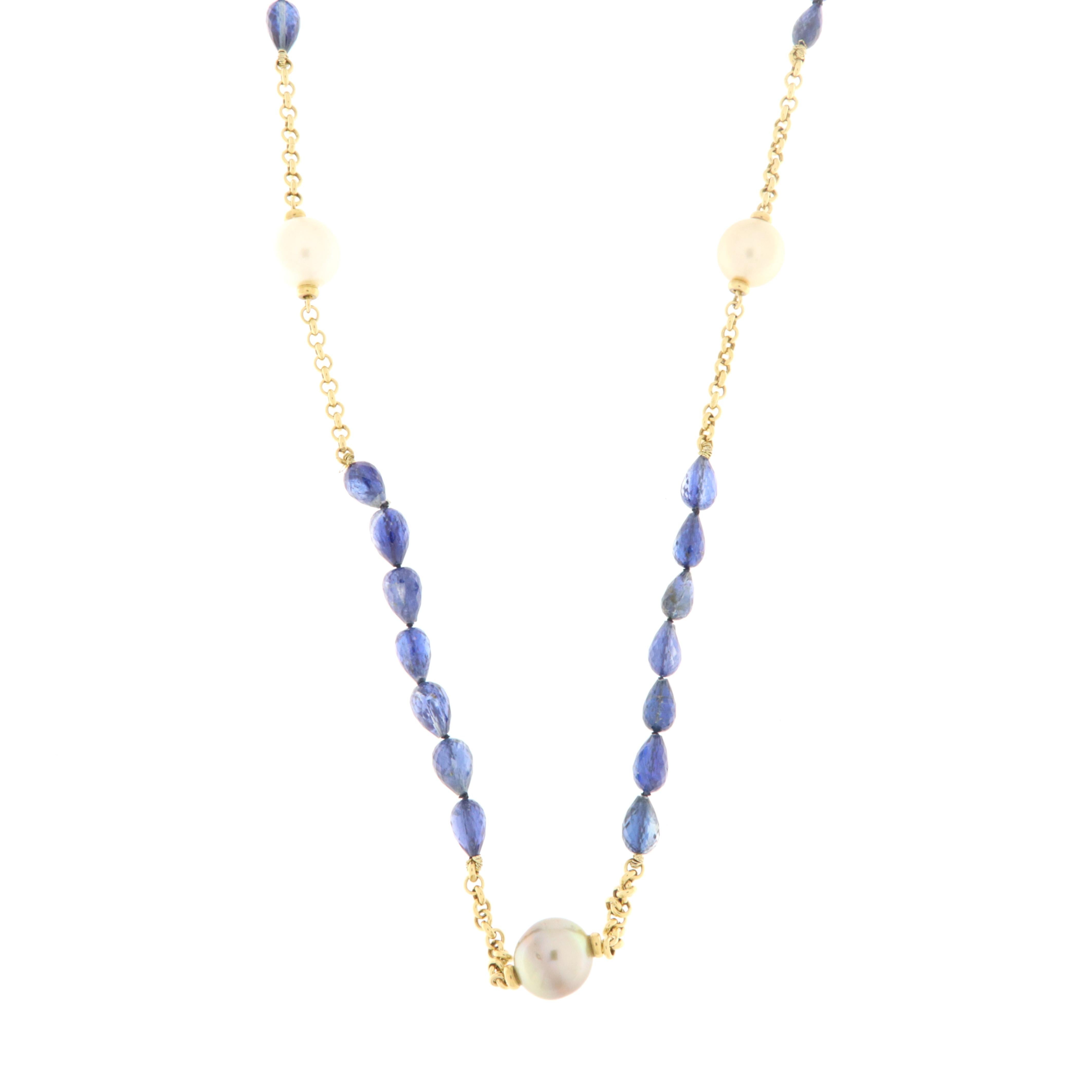 Briolette Cut Yellow Gold Long Necklace 18k with Australian Pearls and Kyanite