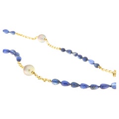 Yellow Gold Long Necklace 18k with Australian Pearls and Kyanite