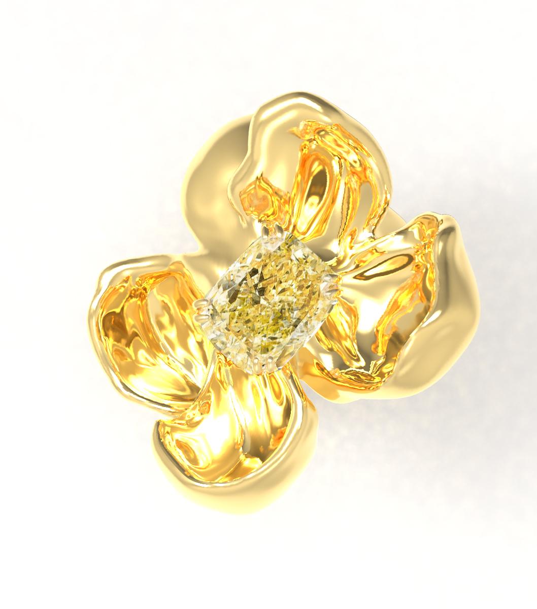 Achtzehn Karat Gelbgold Magnolienring mit zertifiziertem einem Karat gelbem Diamant (Kissenschliff) im Angebot
