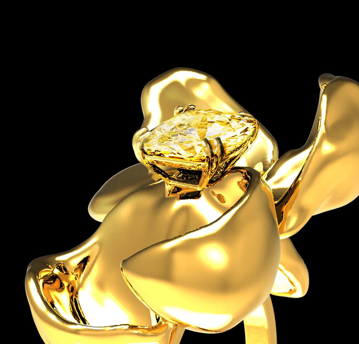 Artist Eighteen Karat Yellow Gold Magnolia Ring with Certified One Carat Yellow Diamond For Sale