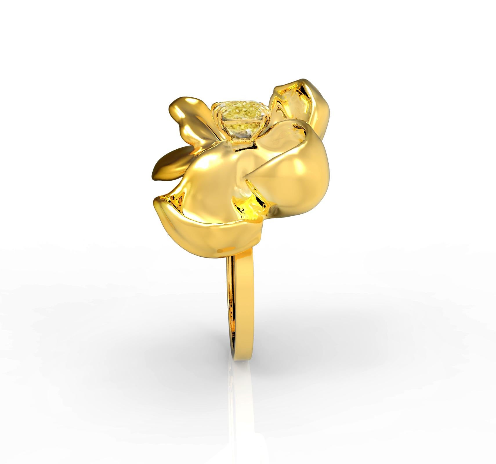 Cushion Cut Eighteen Karat Yellow Gold Magnolia Ring with Certified One Carat Yellow Diamond For Sale
