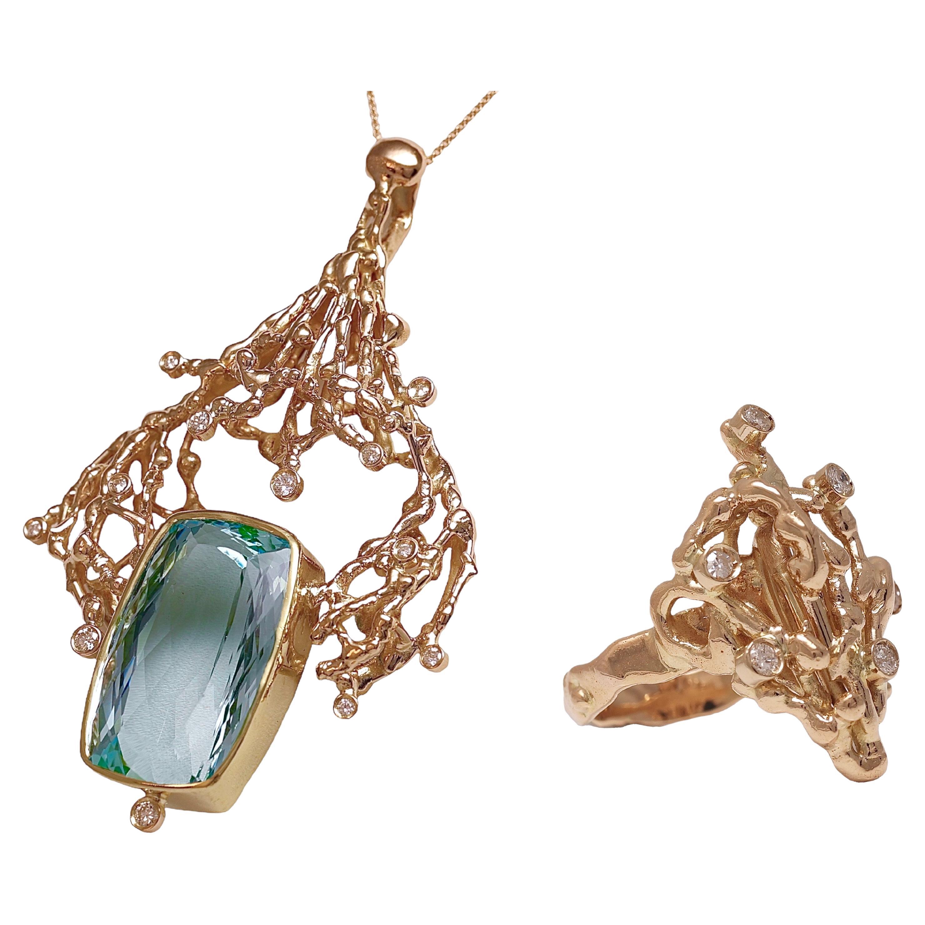 18 kt. Yellow Gold Matching Necklace and Ring With Huge Aquamarine & Diamonds
