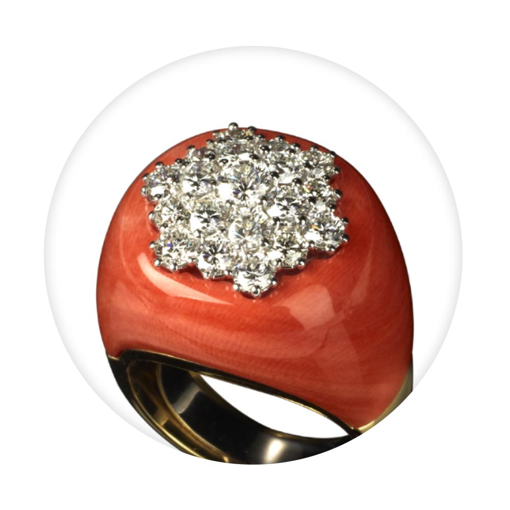 Contemporary Veschetti 18 Kt Yellow Gold, Mediterranean Coral Inlay and Diamond Cocktail Ring