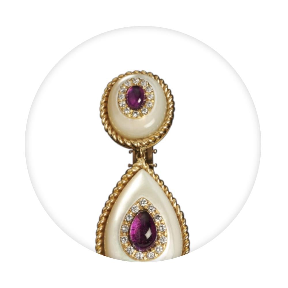 Contemporary Veschetti 18 Karat Yellow Gold, Mother of Pearl, Amethyst and Diamond Earrings For Sale