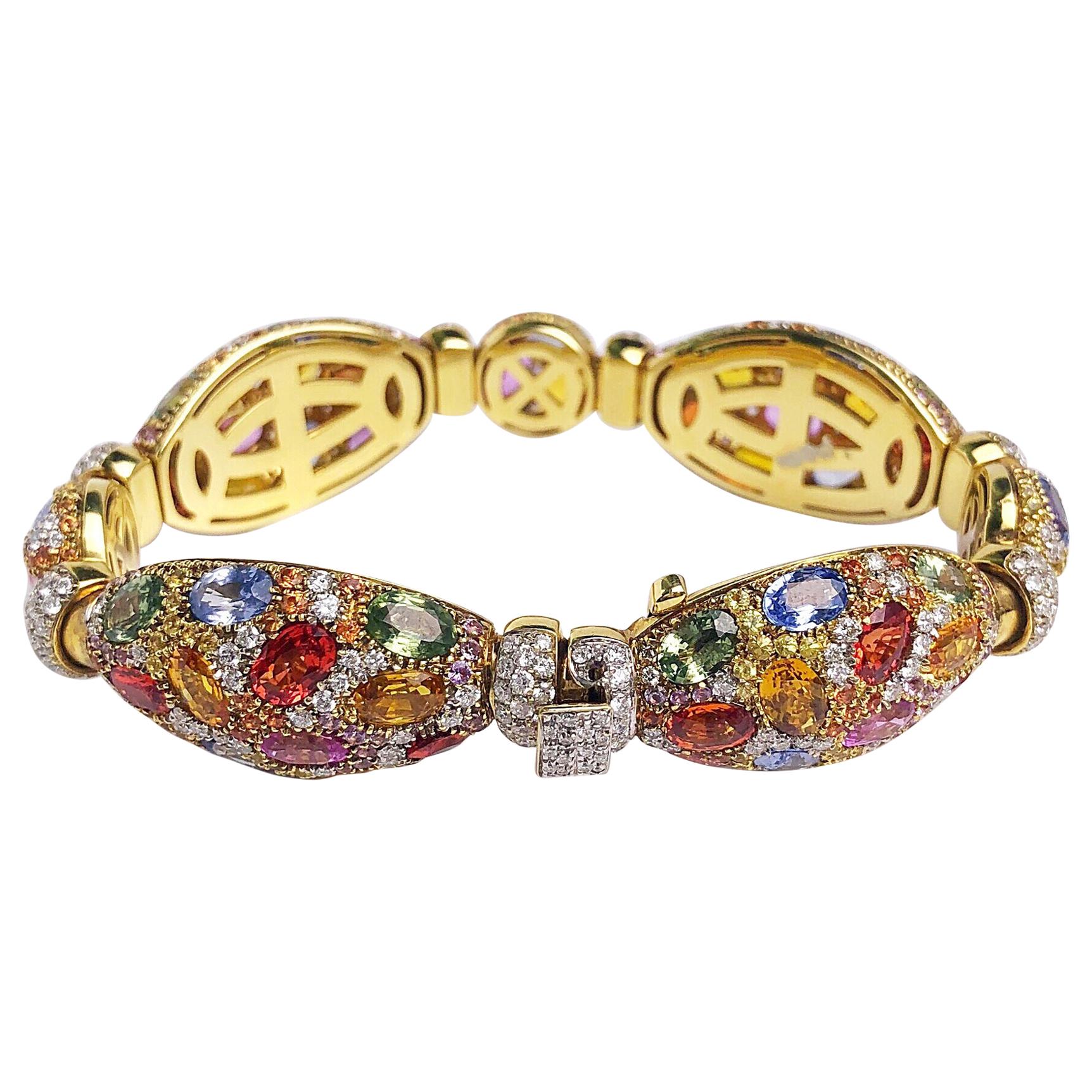 18 Karat Yellow Gold Multicolored Sapphire and Diamond Bracelet