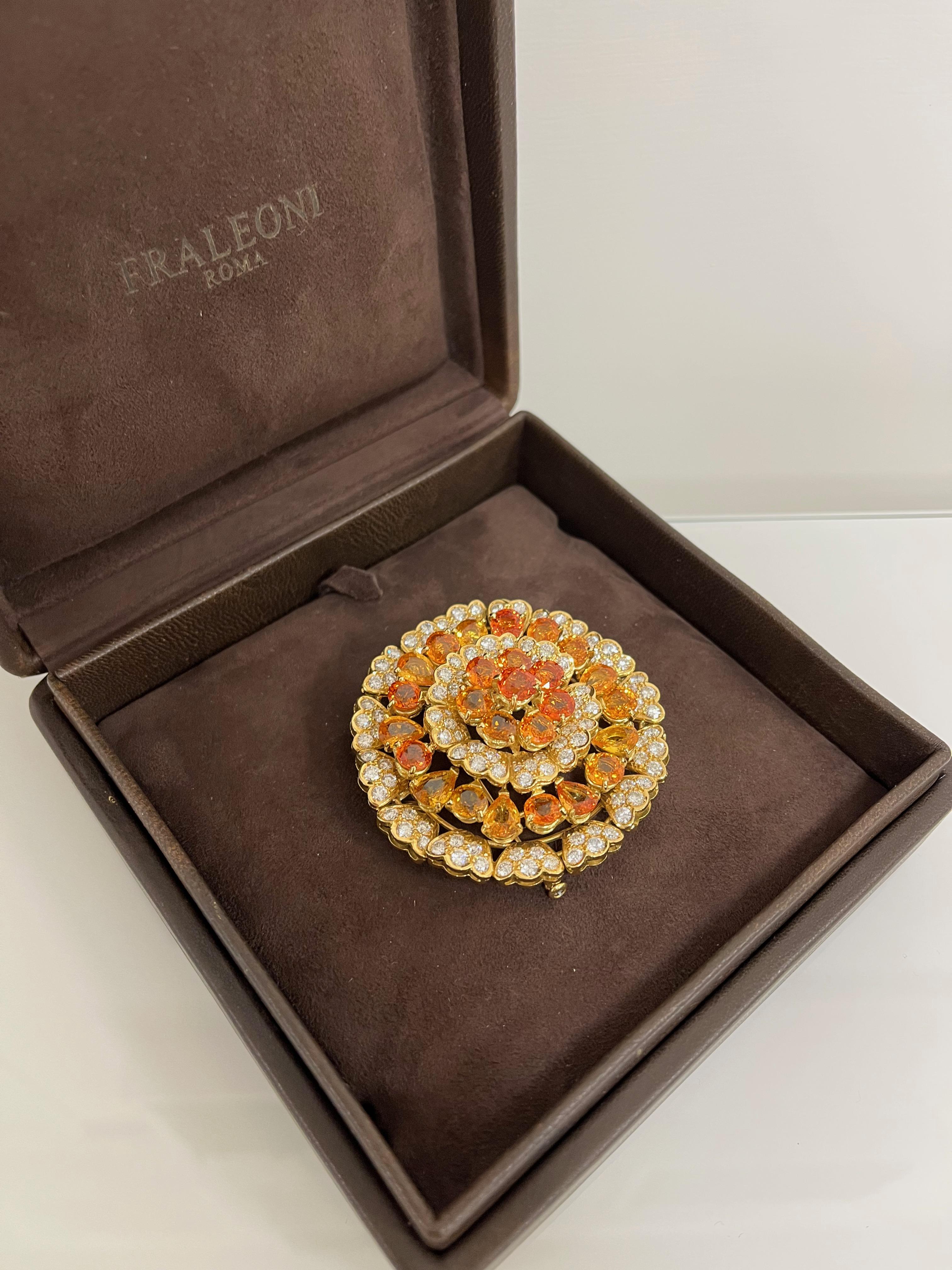 Modern 18 Karat Yellow Gold Multicolored Sapphire Diamonds Flower Brooch For Sale