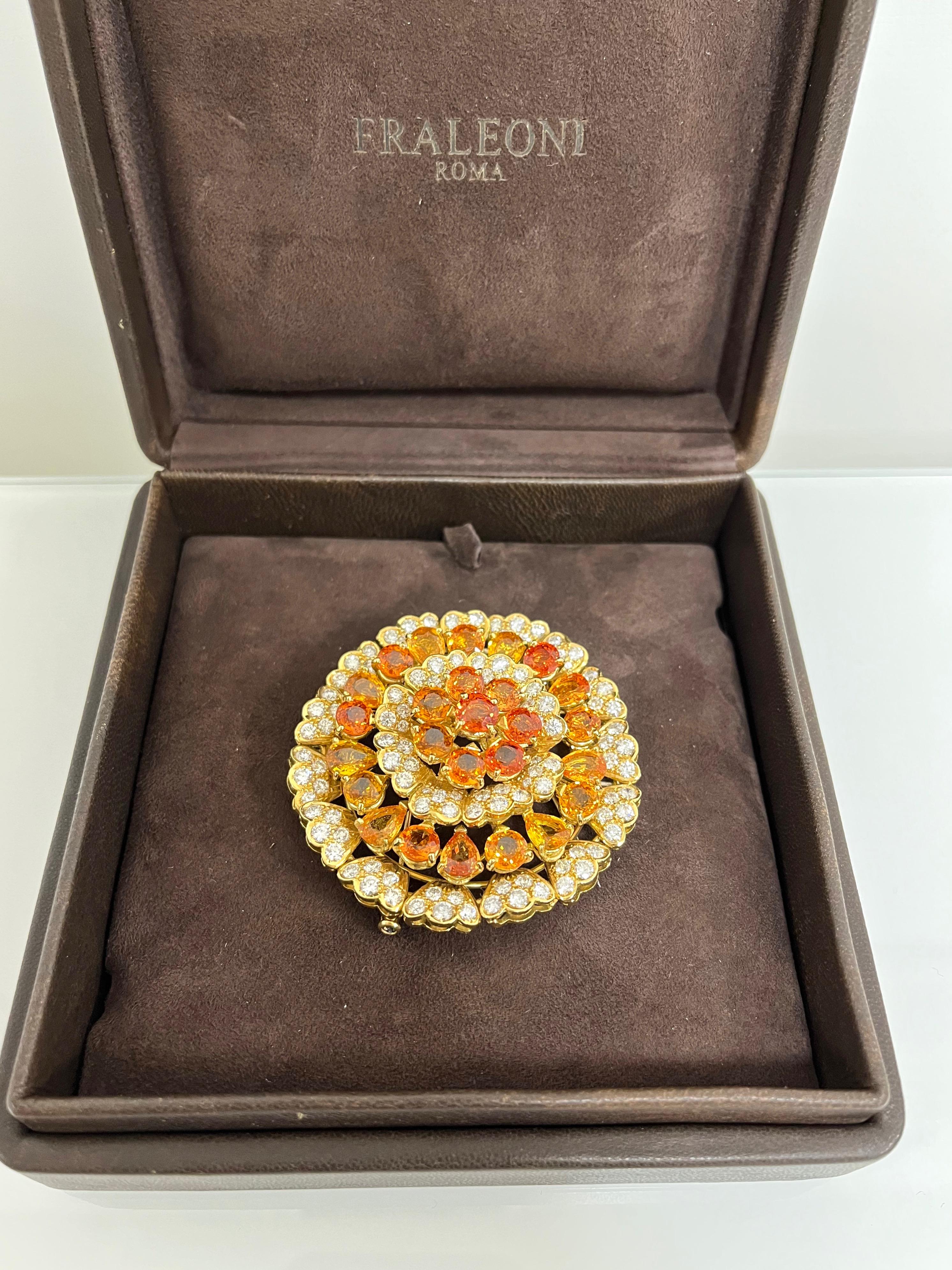 Women's 18 Karat Yellow Gold Multicolored Sapphire Diamonds Flower Brooch For Sale