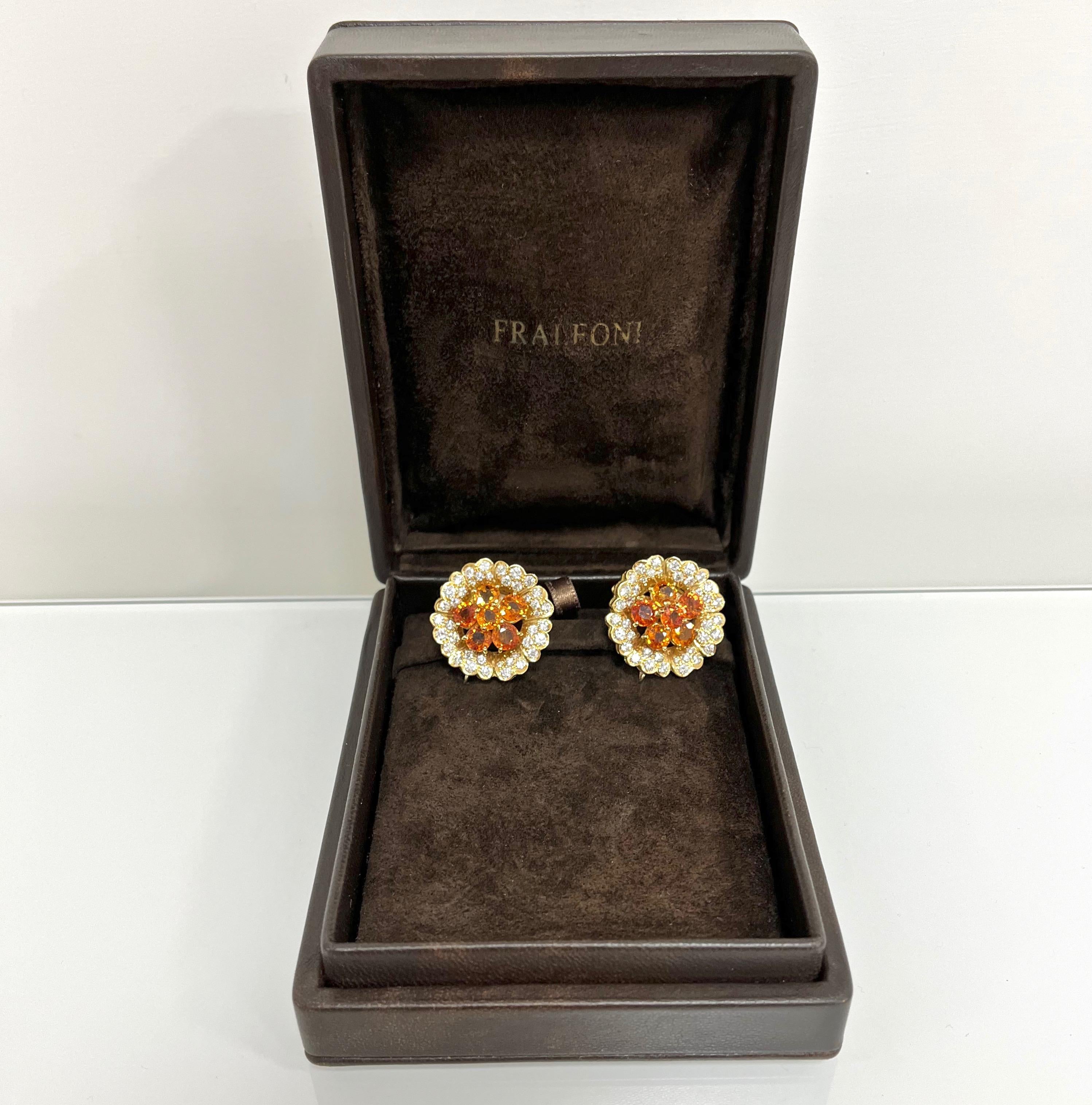 Round Cut 18 Karat Yellow Gold Multicolored Sapphire Diamonds Flower Earrings For Sale