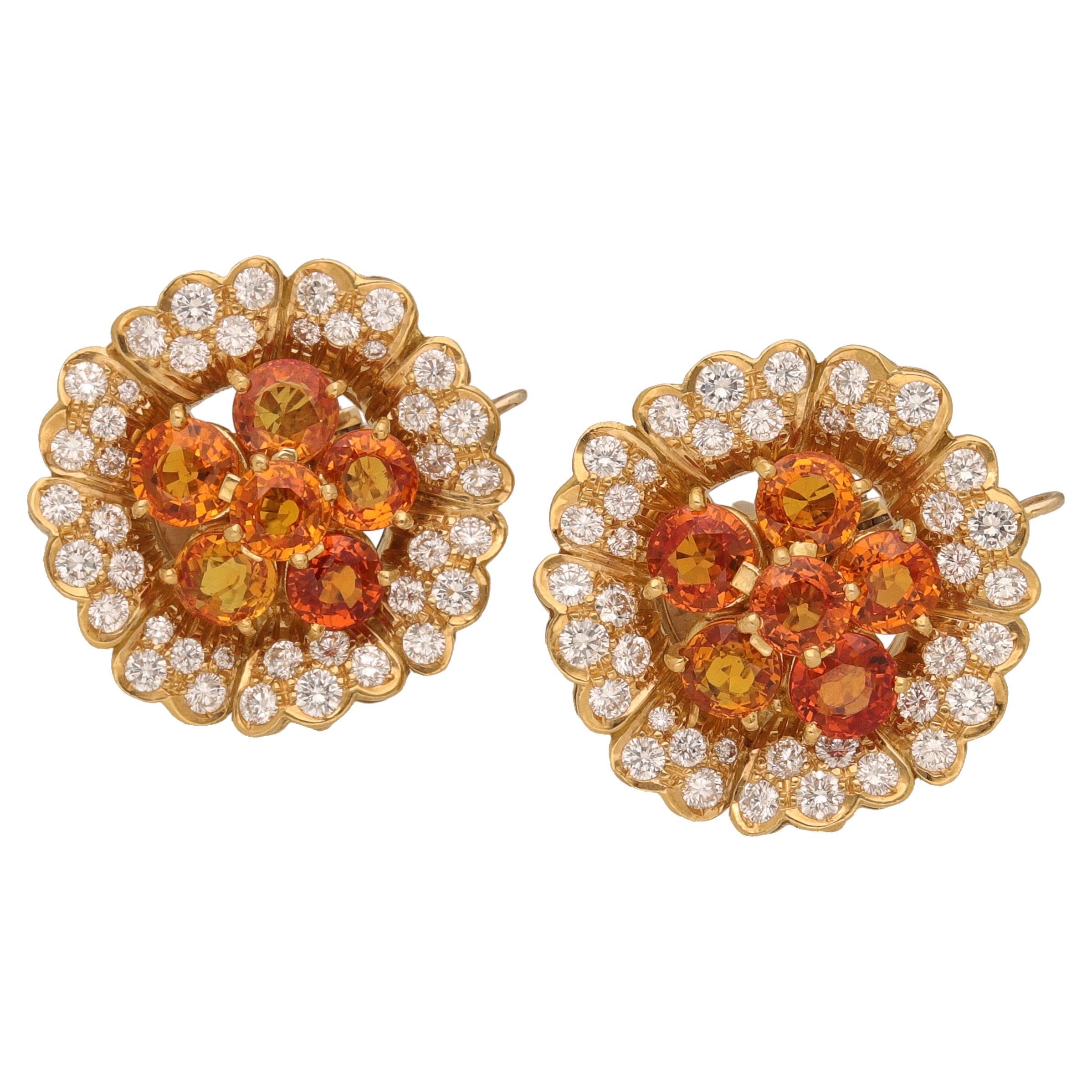 18 Karat Yellow Gold Multicolored Sapphire Diamonds Flower Earrings