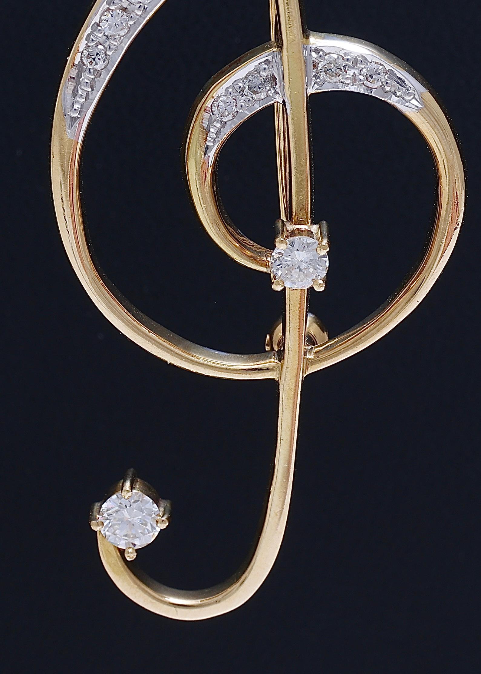 Artisan 18 kt Yellow Gold Music Note Shape Brooch / Pendent-Hanger  0.48 Ct Diamonds For Sale