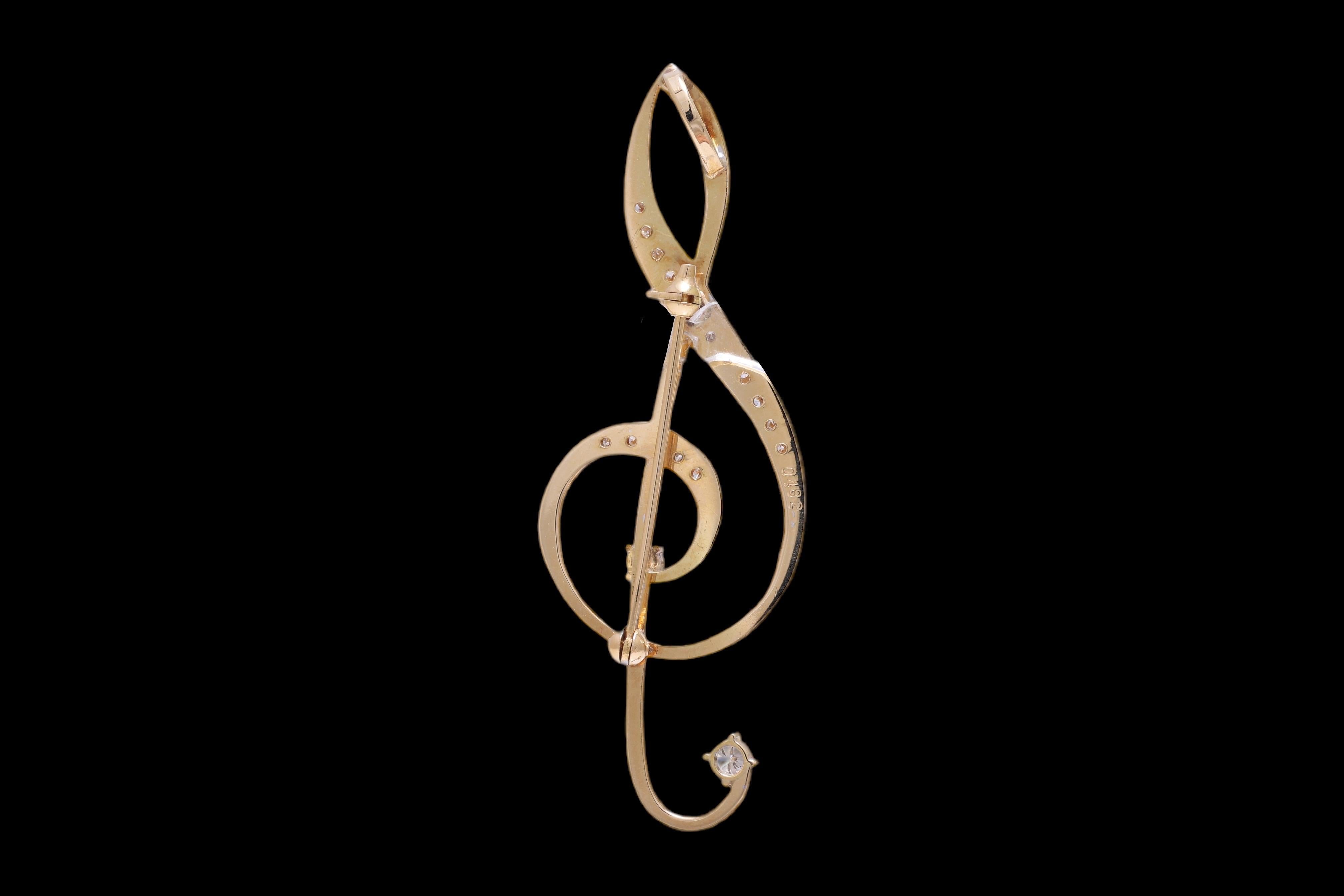 18 kt Yellow Gold Music Note Shape Brooch / Pendent-Hanger  0.48 Ct Diamonds For Sale 1